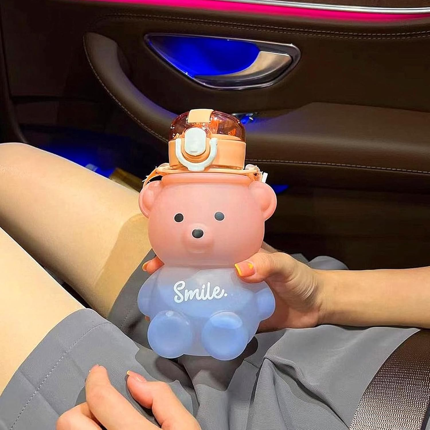 Kawaii Water Bottle Cute Teddy Bear Water Bottles with Straw, Adjustable Strap, Portable Leakproof Bpa-Free Drinking Cups 27Oz for Girls School Sports Travel (Pink/Blue) image number 2