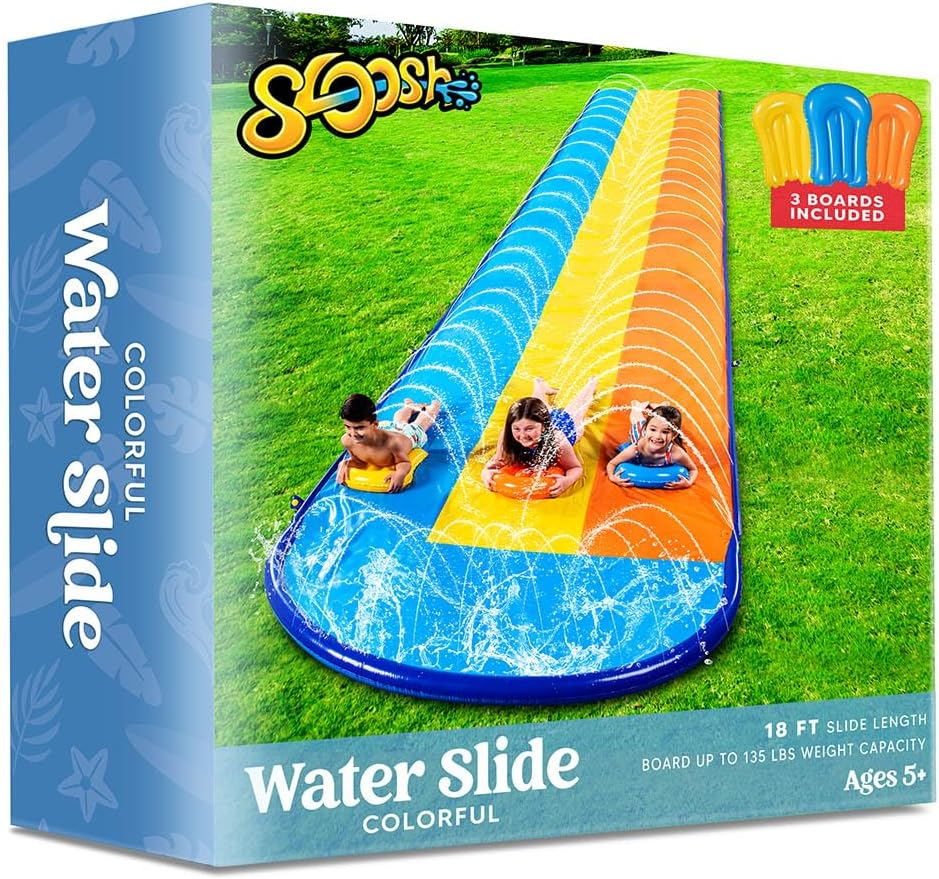 Sloosh Triple Water Slide with 3 Bodyboards, 18FT Lawn Water Splash Slip and Slide Summer Toy Splash Pad with Build in Advanced Sprinkler for Kids Adults Backyard Summer Water Fun