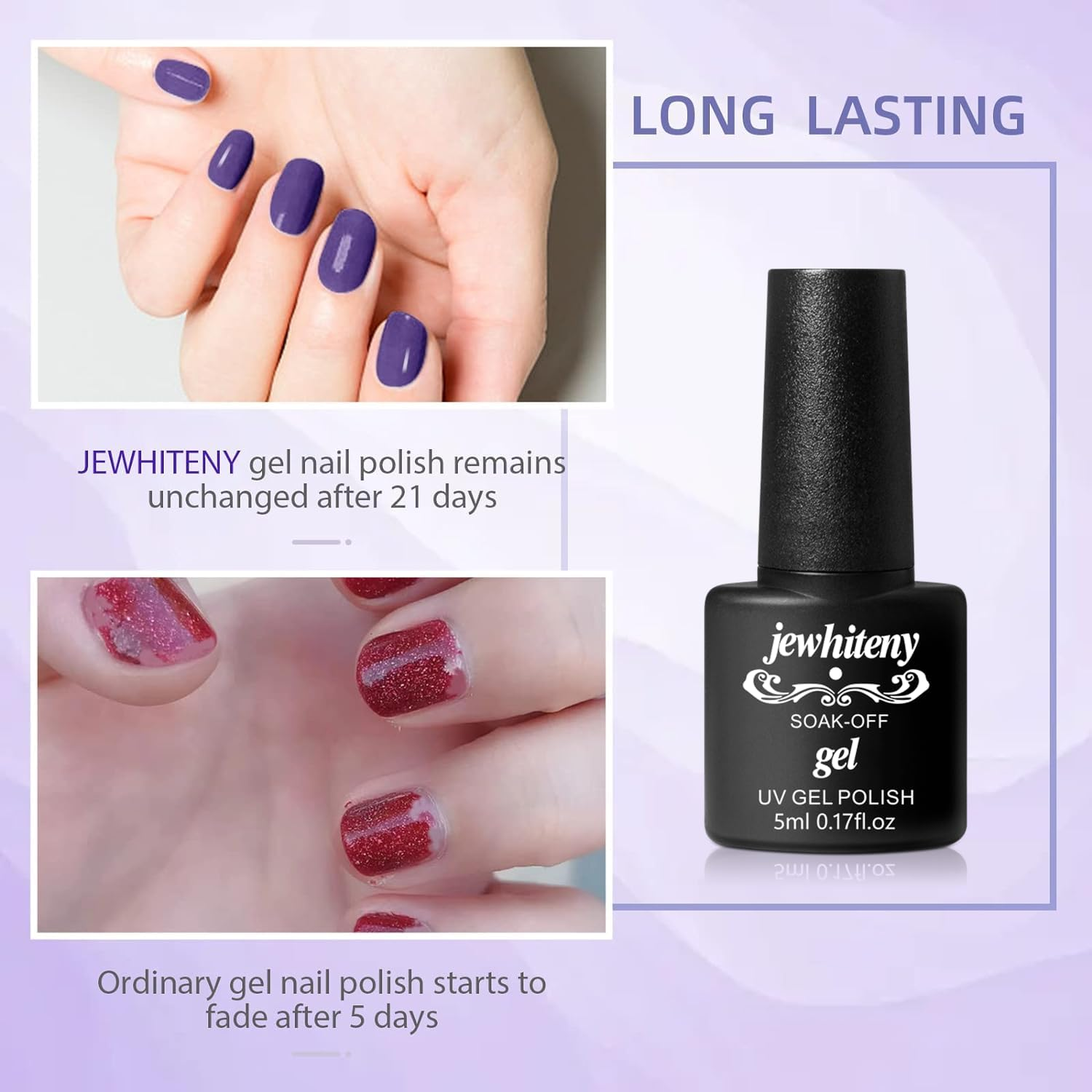 JEWHITENY 30PCS Nail Polish Kit 27 Colors Green Blue Pink Orange Gitter Sock off Gel Polish with Matte& Glossy Top Base Coat for DIY Nail Art Manucure at Home Salon image number 5