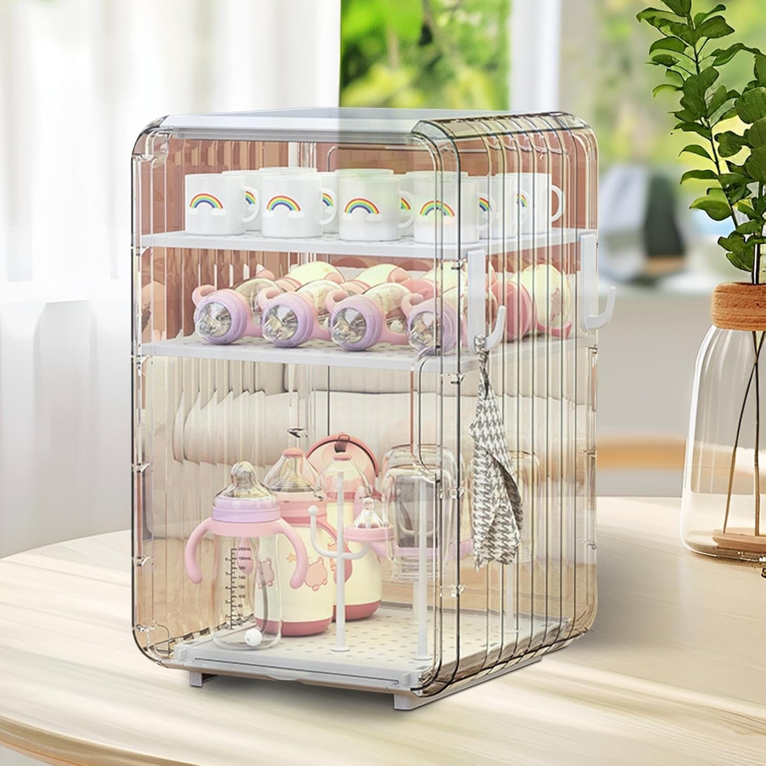 Baby Bottle Organizer Storage Drawer, 3/4 Floors Toddler Supplies Organizer, Vertical Dustproof Cups Holder with Door, Water Tray at the Bottom, Removable Independent Compartment, for Nursery image number 2