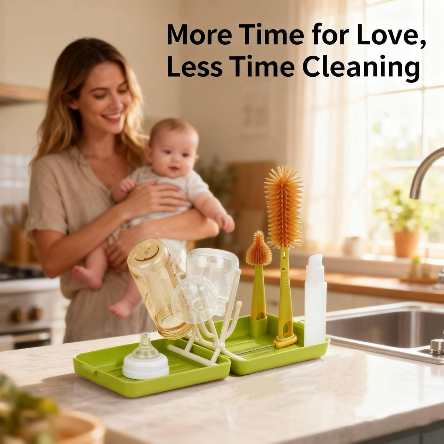 Zoltrax Bottle Brush Set,Baby Bottle Cleaner Kit,Nipple Brush, Straw Brush, Soap Dispenser, Drying Rack and Travel Storage Case,6 in 1 Bottle Cleaning Baby Essential Tool for Home and Travel (Green) - Green image number 6