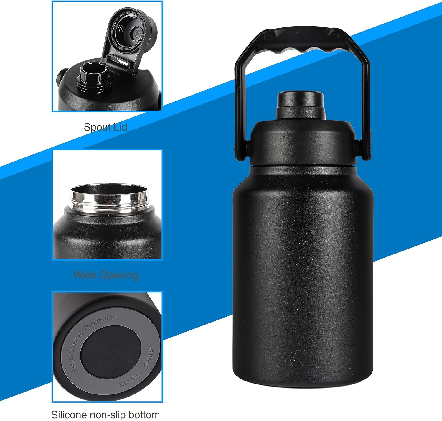 2L Insulated Water Bottle, Large 2 Litre Stainless Steel Water Bottle, Drink Bottle -Black- Double Wall Vacuum Insulated Bottles with Carry Handle - Keeps Drinks Hot or Cold for 12Hrs - for Gym, Camp image number 2