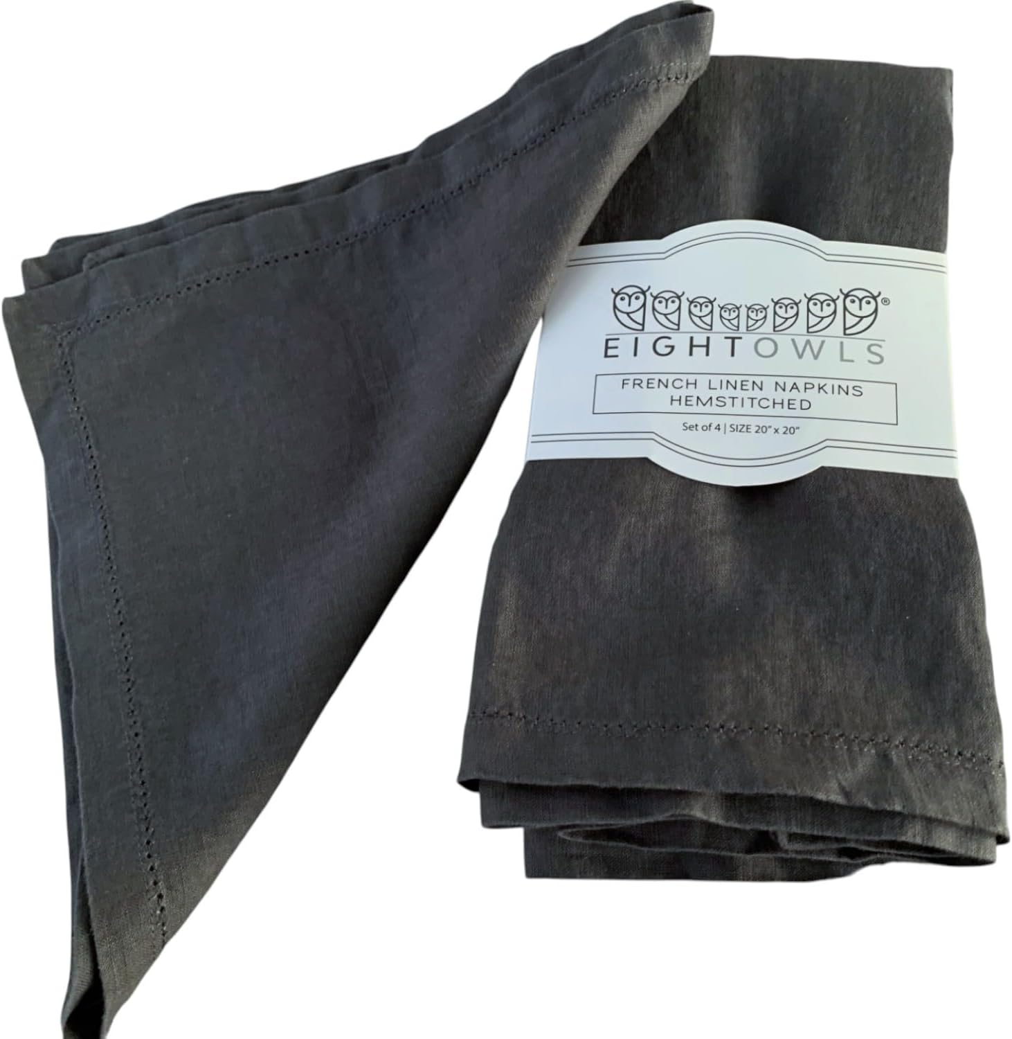 Linen Napkins &ndash;100% French Flax &ndash; Hemstitch Stonewashed Pure Linen Cloth Napkins - Size 50Cm X 50Cm &ndash; Set of 4 (Dark Grey)