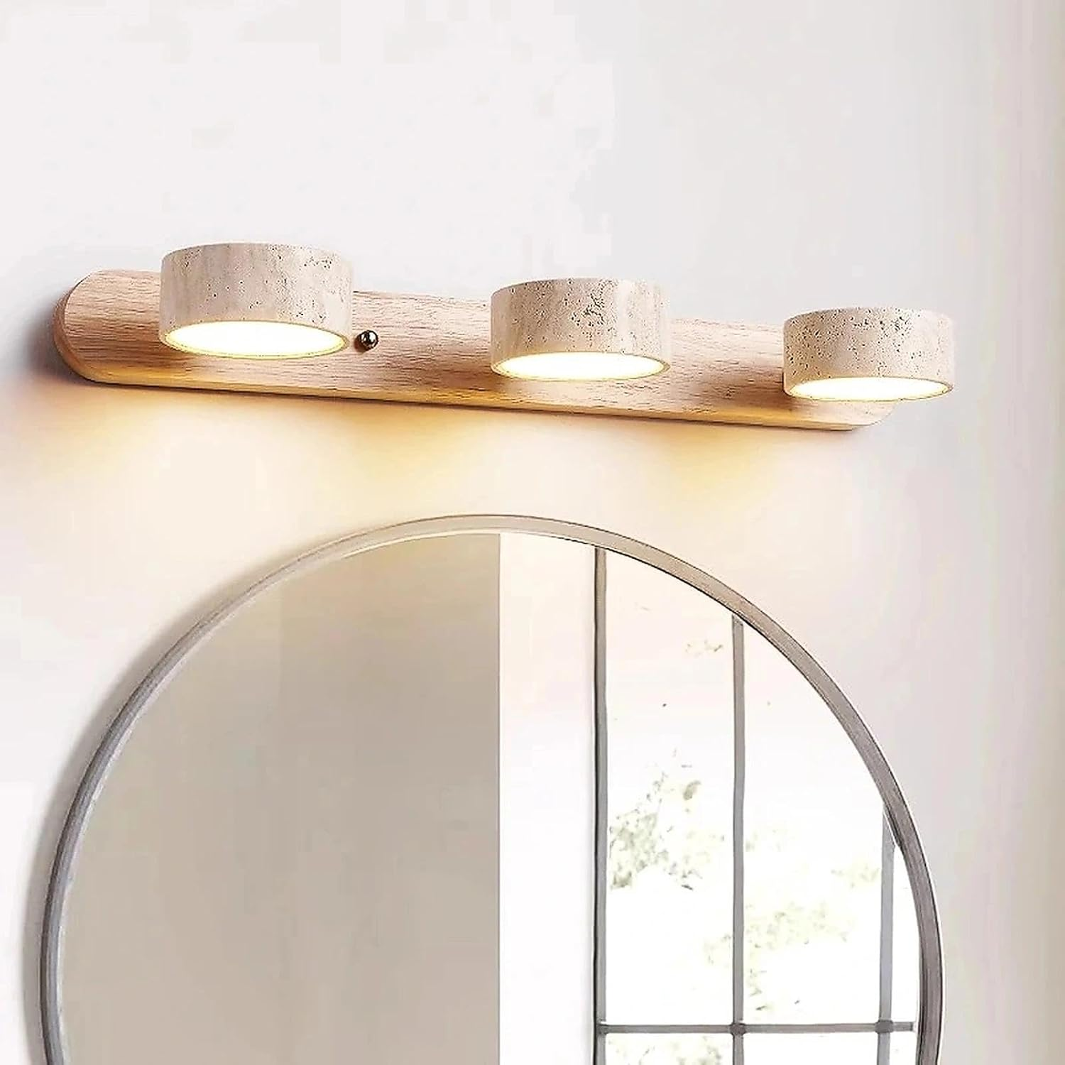 Natural Wood Vanity Light &ndash; 3-Light Travertine Wall Sconce with 180&deg; Rotatable LED, Modern Stone Lamp Fixture for Bathroom Mirror, Nordic Farmhouse Style(Wood Color,3 Heads) image number 5