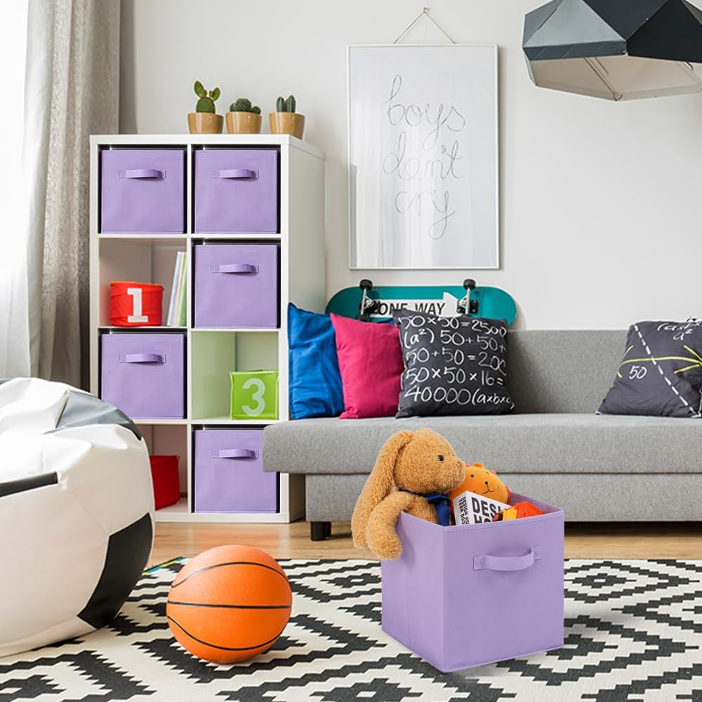Stero Fabric Storage Bins 6 Pack Fun Colored Durable Storage Cubes with Handles Foldable Cube Baskets for Home, Kids Room, Closet and Toys Organization Purple image number 6