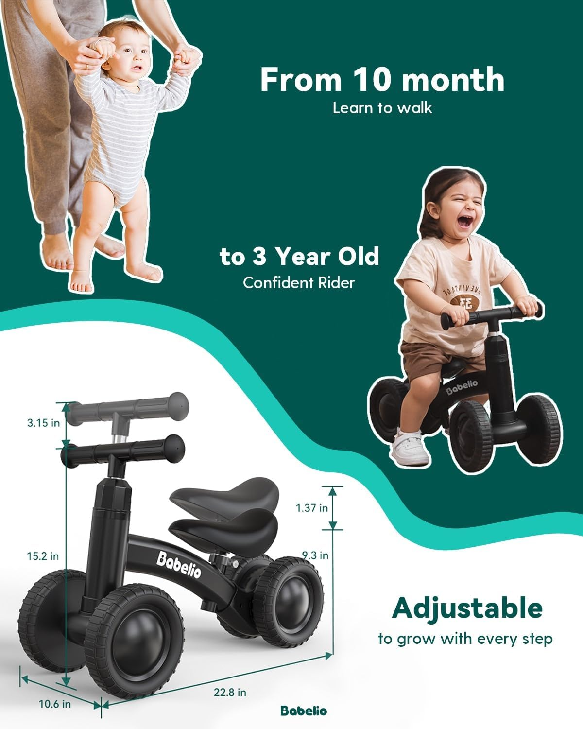BABELIO Baby Balance Bike for 1 Year Old Boys Girls, 10-36 Month Toddler Balance Bike, 4-Wheel Off-Roader Design, Adjustable Seat & Handlebar - Black image number 2