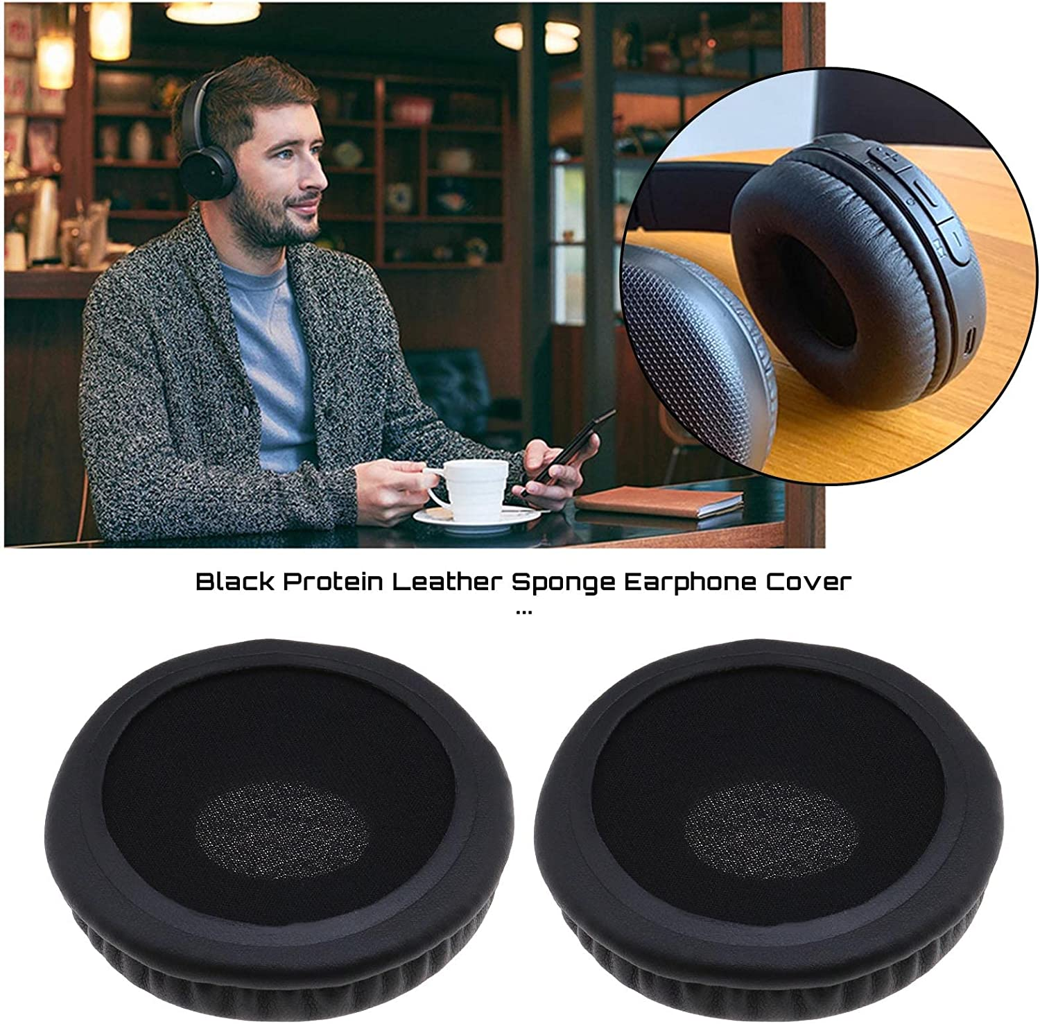 Pair of Headset Replacement Earpads Protein Leather Foam Ear Cushions Earphone Accessories Compatible with Sony WH-CH500/510/ZX3308BT/310/ZX100/ 600/V15 Headphones Black image number 1