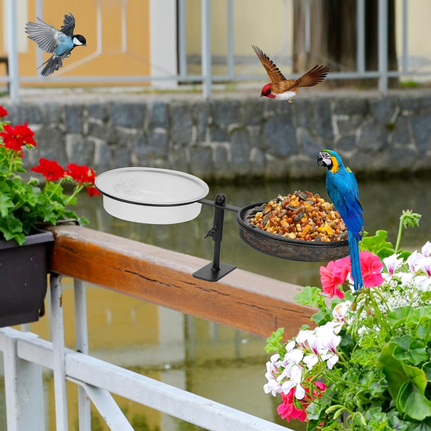 Deck Bird Feeder, 2 in 1 Deck Mount Bird Bath Feeder, Detachable Platform Bird Feeder with Metal Mesh Tray and Water Bowl for Outdoor Balcony Attracting Birds image number 6