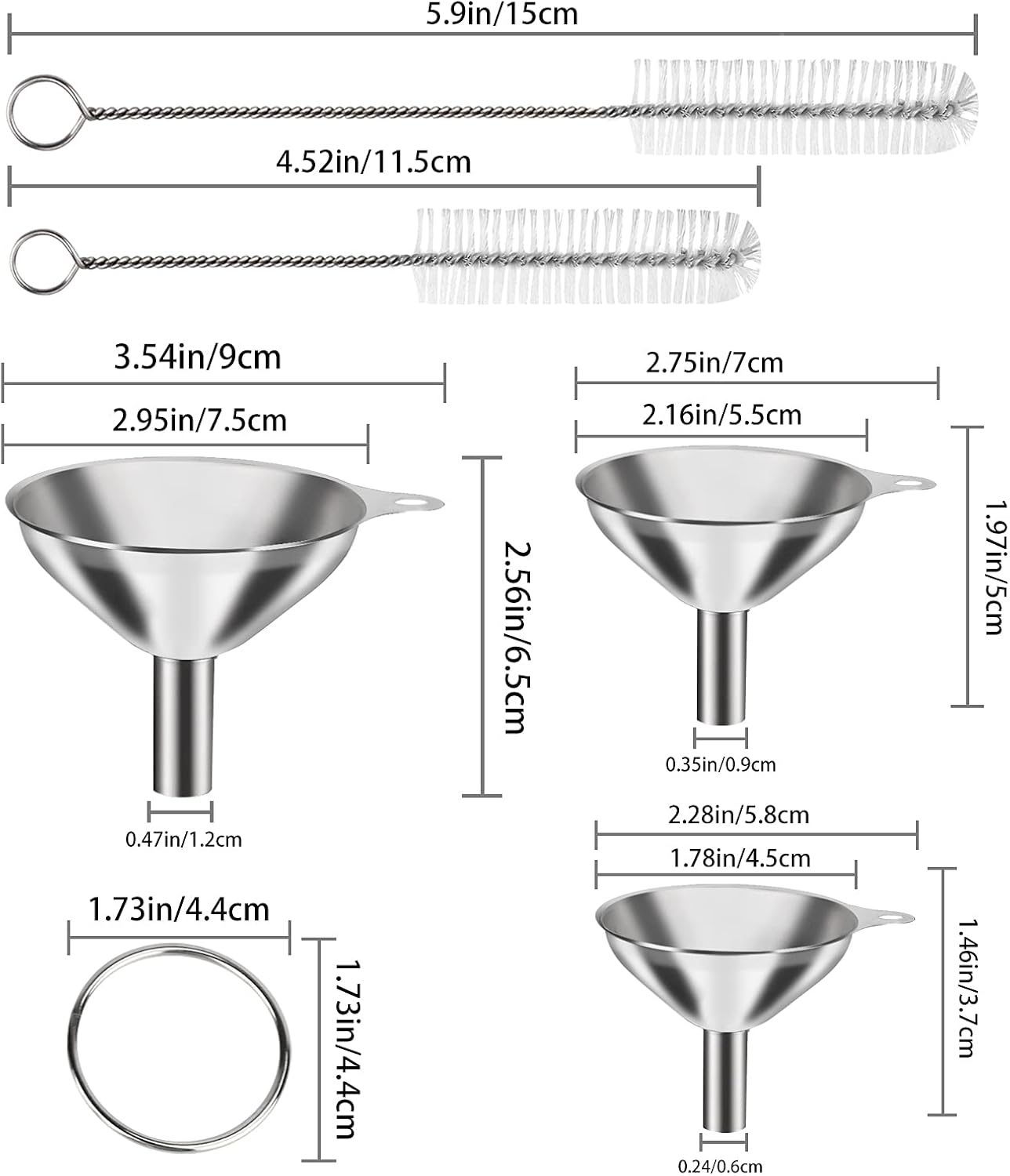 VOPTON 6 Pcs Stainless Steel Mini Funnels for Kitchen Use. Large Tiny Small Funnel Set of 3, Metal Cooking Powder Food Grade Flask Funnels for Filling Bottles Liquor Water Spice, 2Pcs Cleaning Brushes