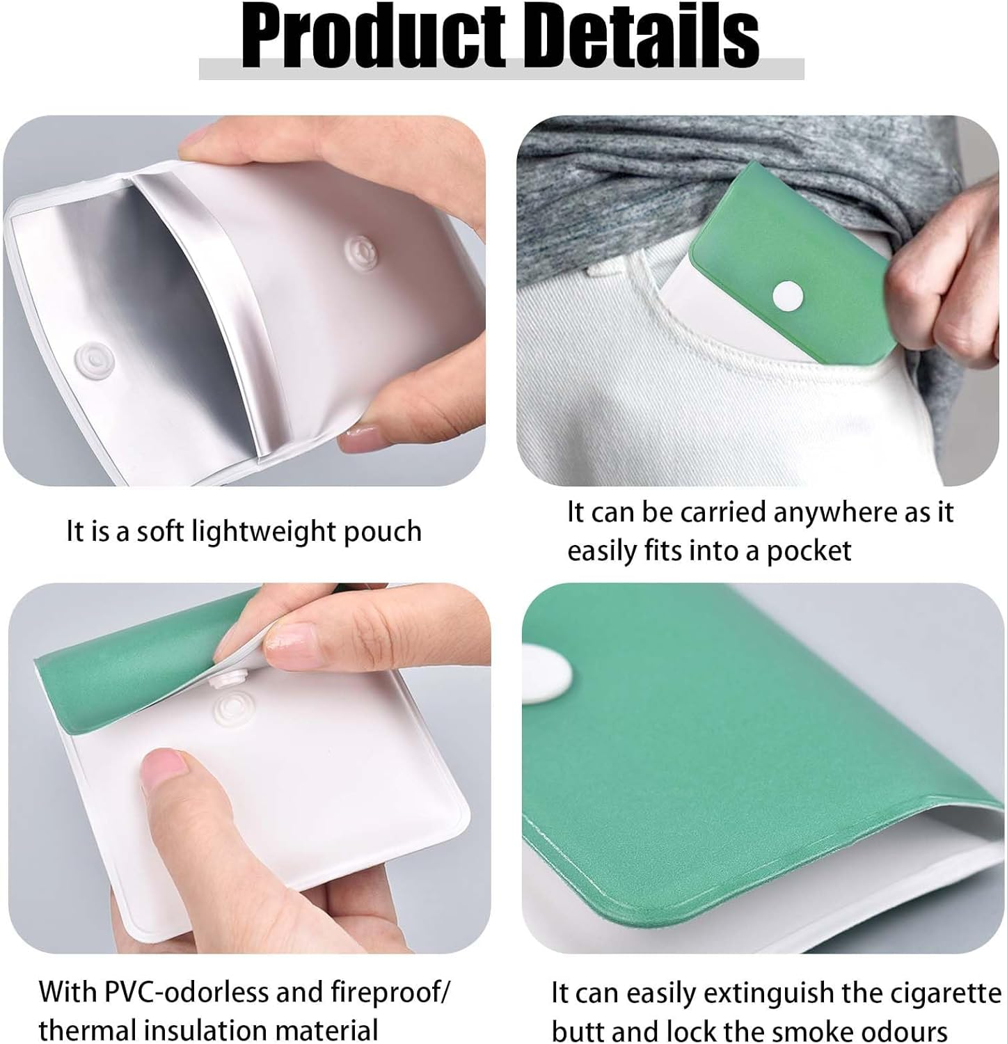 2Pcs Pocket Portable Ashtray Pouch, PVC Fireproof Reusable Odorless Ashtray Small for Outdoor or Travel Use, Outdoor Environment Friendly Butt Disposal Bag (Blue and Green) image number 3