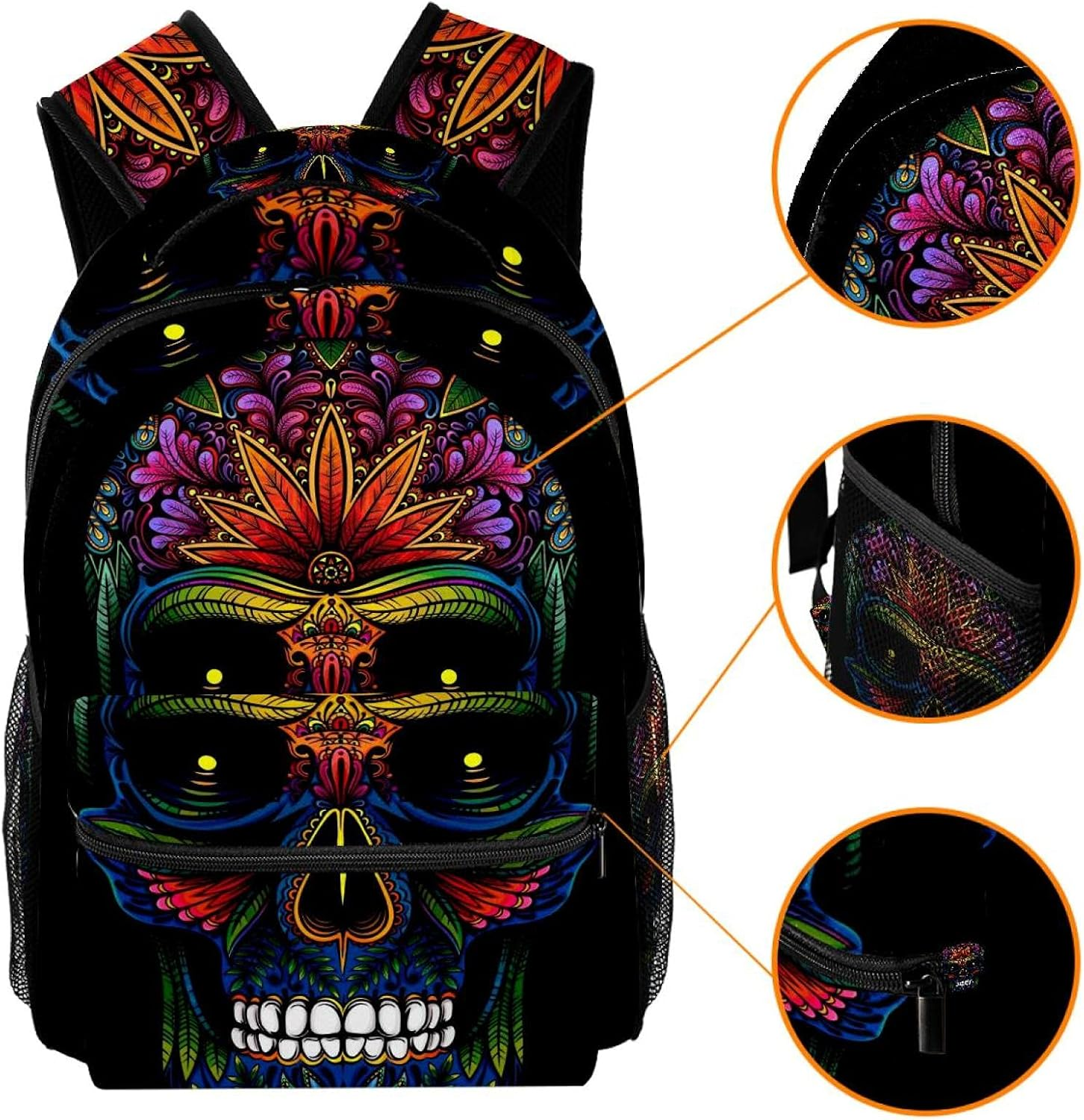 Floral Skull on Black Background Backpack Students Shoulder Bags Travel Bag College School Tote Backpacks image number 4