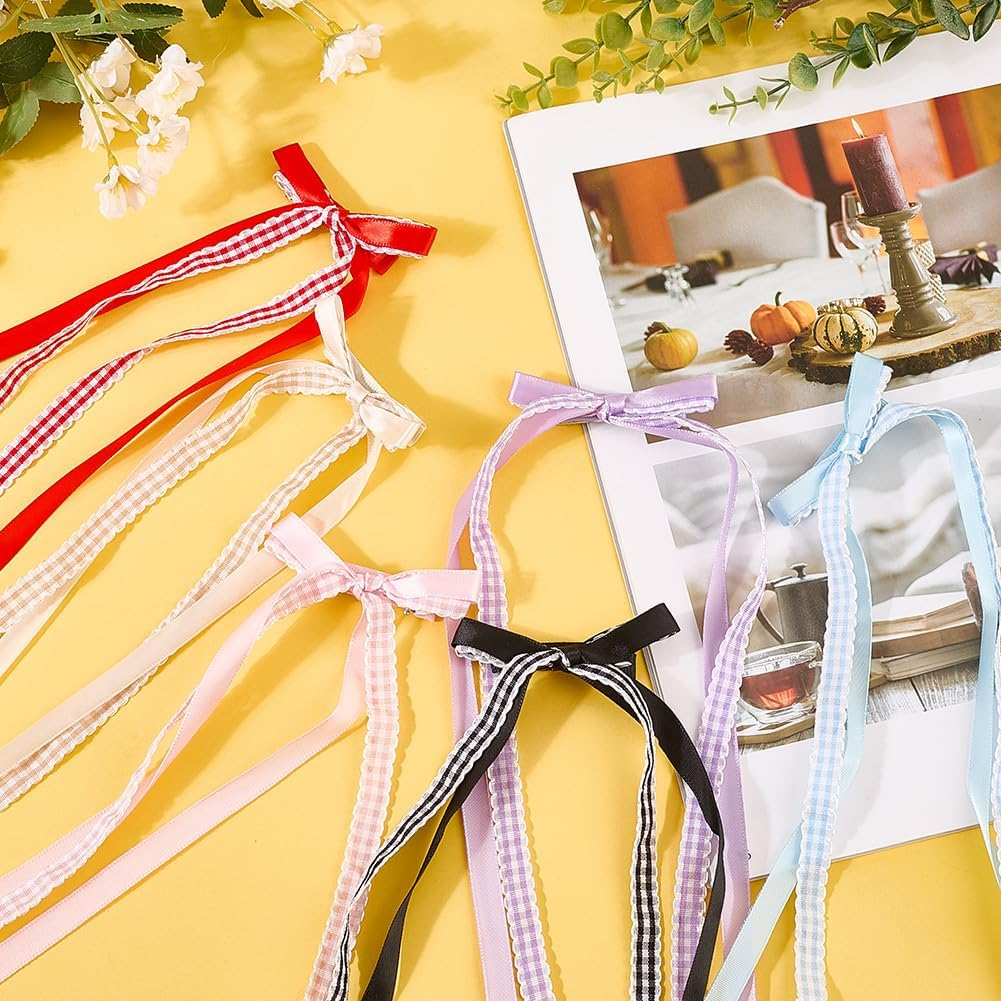 CABODYALS 6Pcs 6 Colorus Bowknots Hair Alligator Clips with Long Tails Plaid Bows Ponytail Holder Slides French Barrette Cute Tassels Sweet Ribbon Clip for Women Head Decorations Styling Accessories image number 1