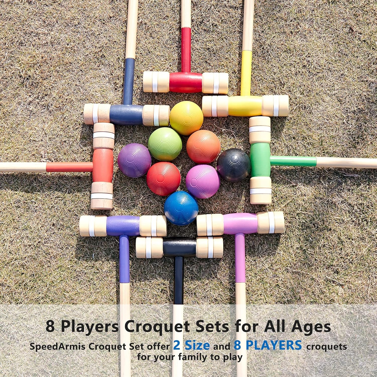 Speedarmis 8 Players Croquet Set with 32In Regulation | 28In Standard Size Rubber Wood Mallets, Colored PE Ball, Wickets, 21In End Stakes - Lawn Backyard Game Set for Teens/Adults/Family image number 4