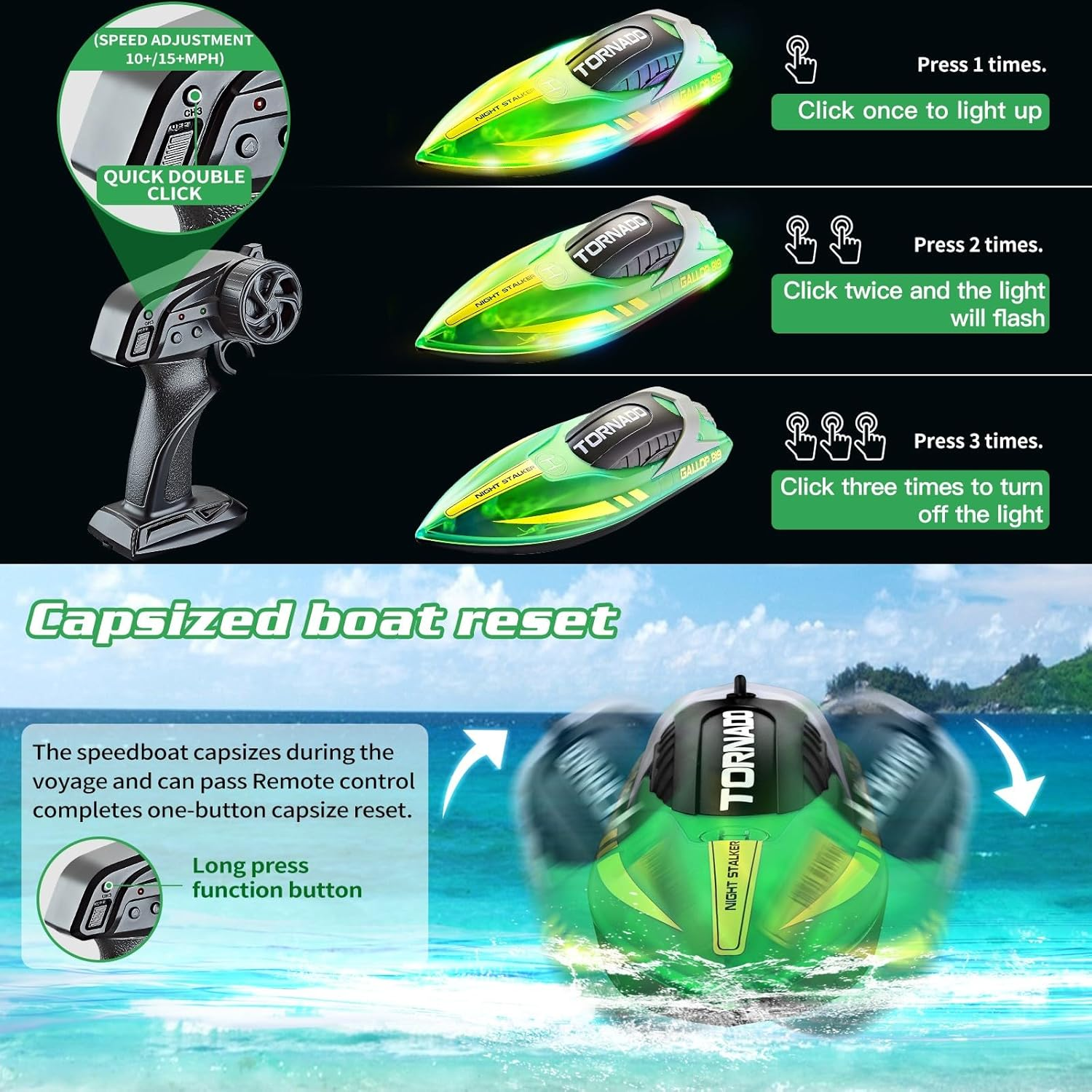 OSWIN RC Boat - HJ819 with 2 Rechargeable Battery, 15+ MPH Fast Remote Control Boat for Pool & Lake, RC Speed Boat 2.4Ghz Race Boats for Adults & Kid, Outdoor Water Toys(Green) image number 4