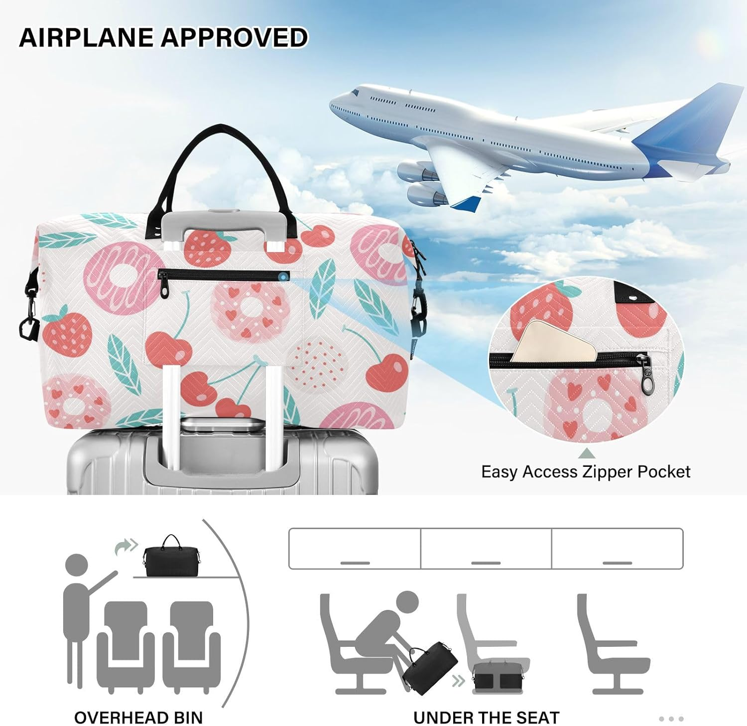 Large Bag Travel Weekender Gear Bag Food Donut Cherry Red Sports Duffel Bags with Adjustable Strap for Travel 2, Food Donut Cherry Red, Set of 2, Art Deco image number 3