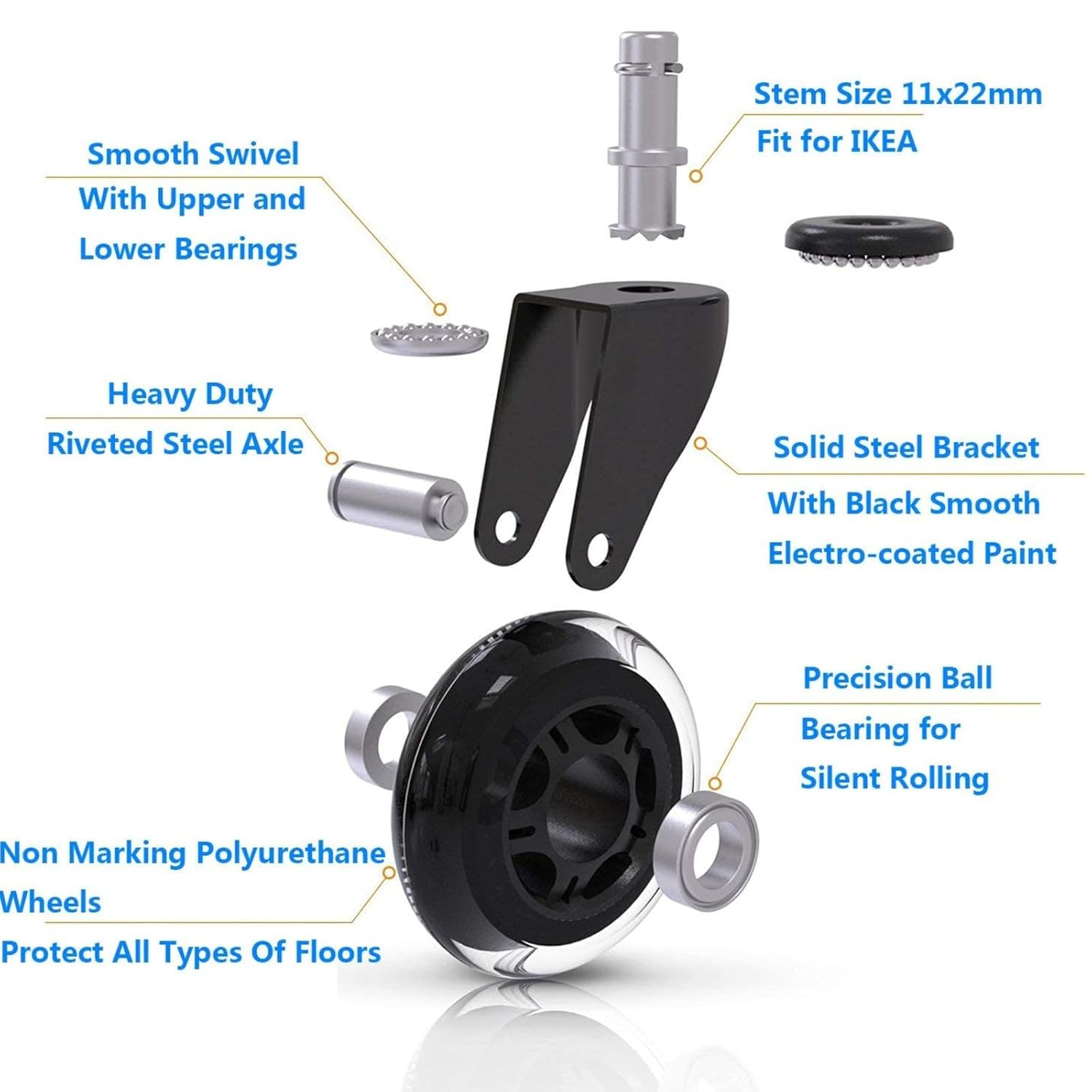 Office Chair Wheels, 3 Inch Heavy Duty Casters for All Floors, Universal 11X22Mm Stem, Set of 5, Black image number 5