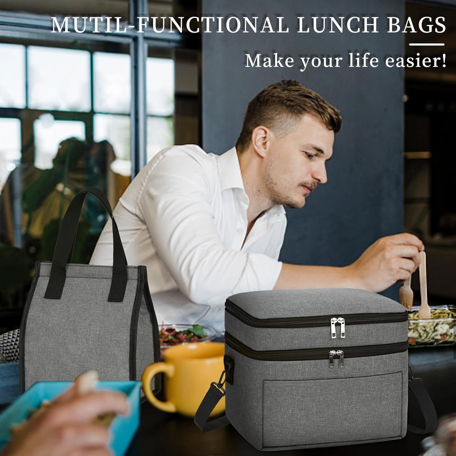 Lubardy 2PCS Lunch Bag, Insulated Lunch Bag, Waterproof Reusable Lunch Bag with Removable Adjustable Shoulder Strap,Lunch Box for Men Women,For Outdoor, Picnic, Work,Grey image number 4