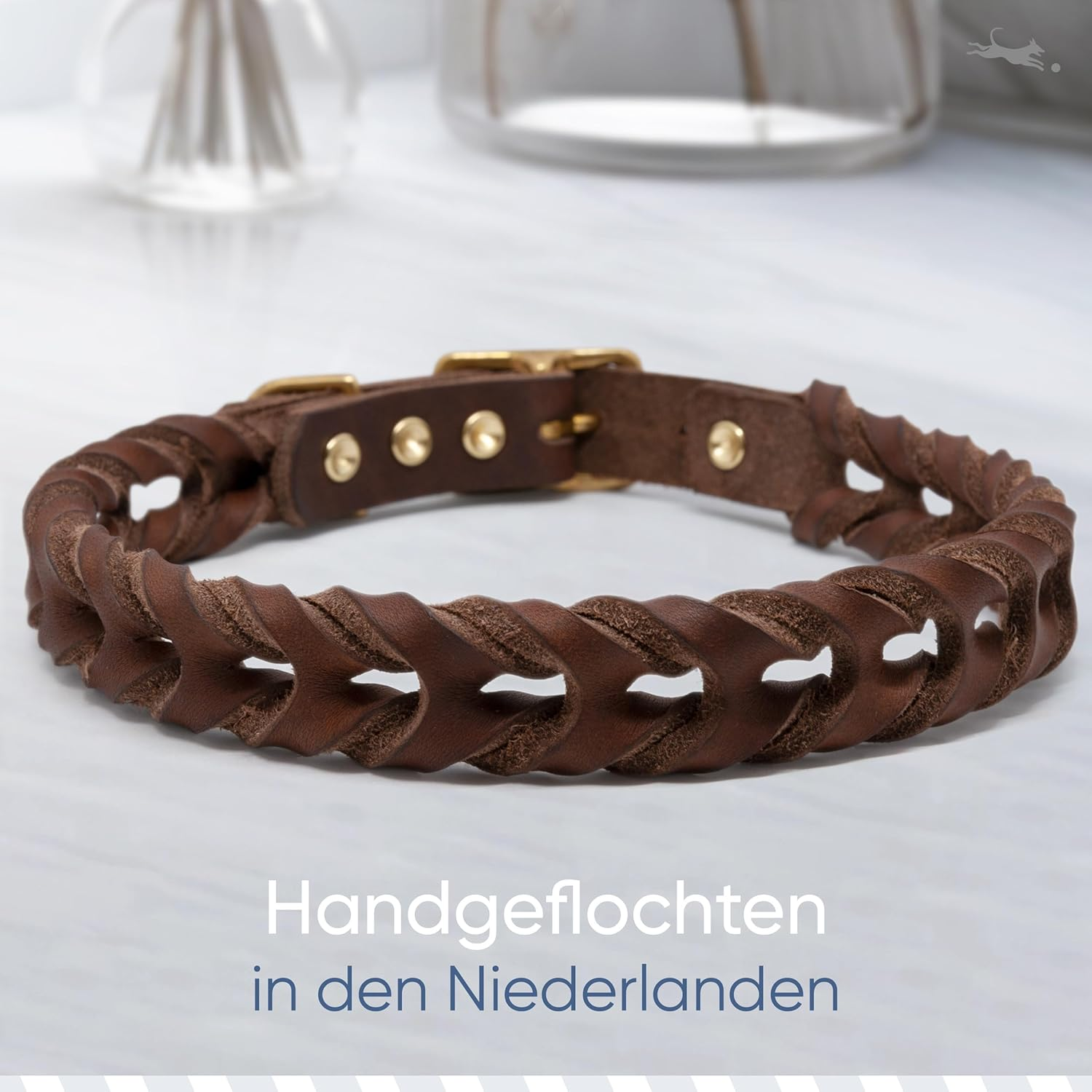 FREUDENTIER Braided Leather Dog Collar - Handmade in Holland - Alstertwist Collection Made of 100% Greased Leather (27 Cm - 33 Cm Neck Circumference, Chocolate)