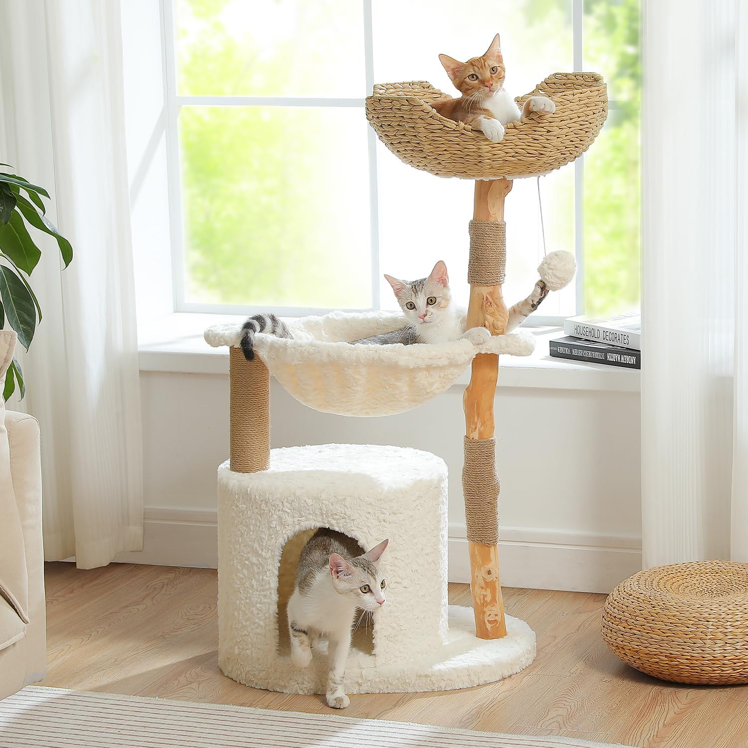 PAWZ Road Modern Cat Tree, Real Wood Cat Tower for Indoor Large Cats, Luxury Cat Furniture with Large Cozy Hammock(Dia=40Cm),Spacious Cat Condo,Baskets Perch and Dangling Ball White