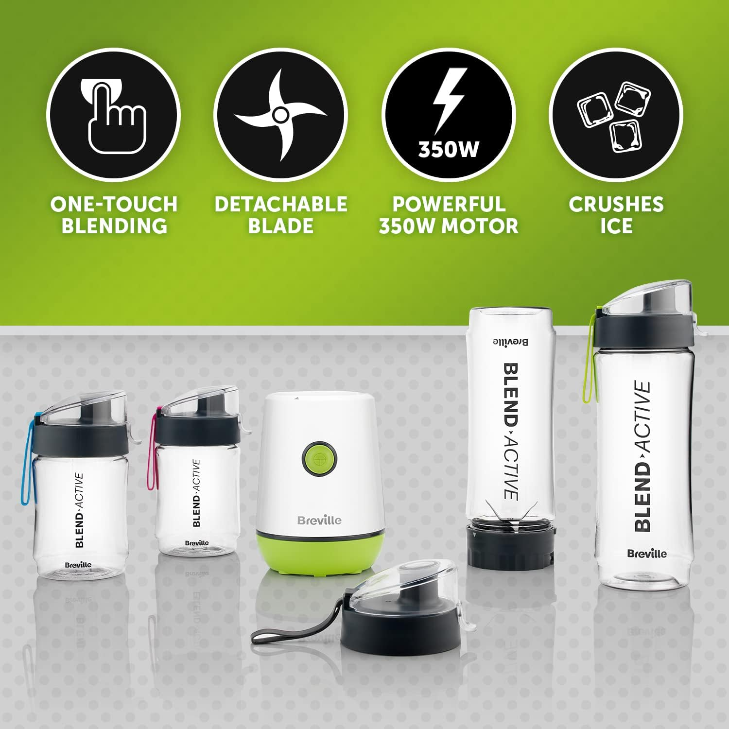 Breville Blend Active Personal Blender & Smoothie Maker | 350W | Family Pack | 4 Portable Blend Active Bottles (300Ml | 600Ml) | Leak Proof Lids | White & Green [VBL252] image number 5