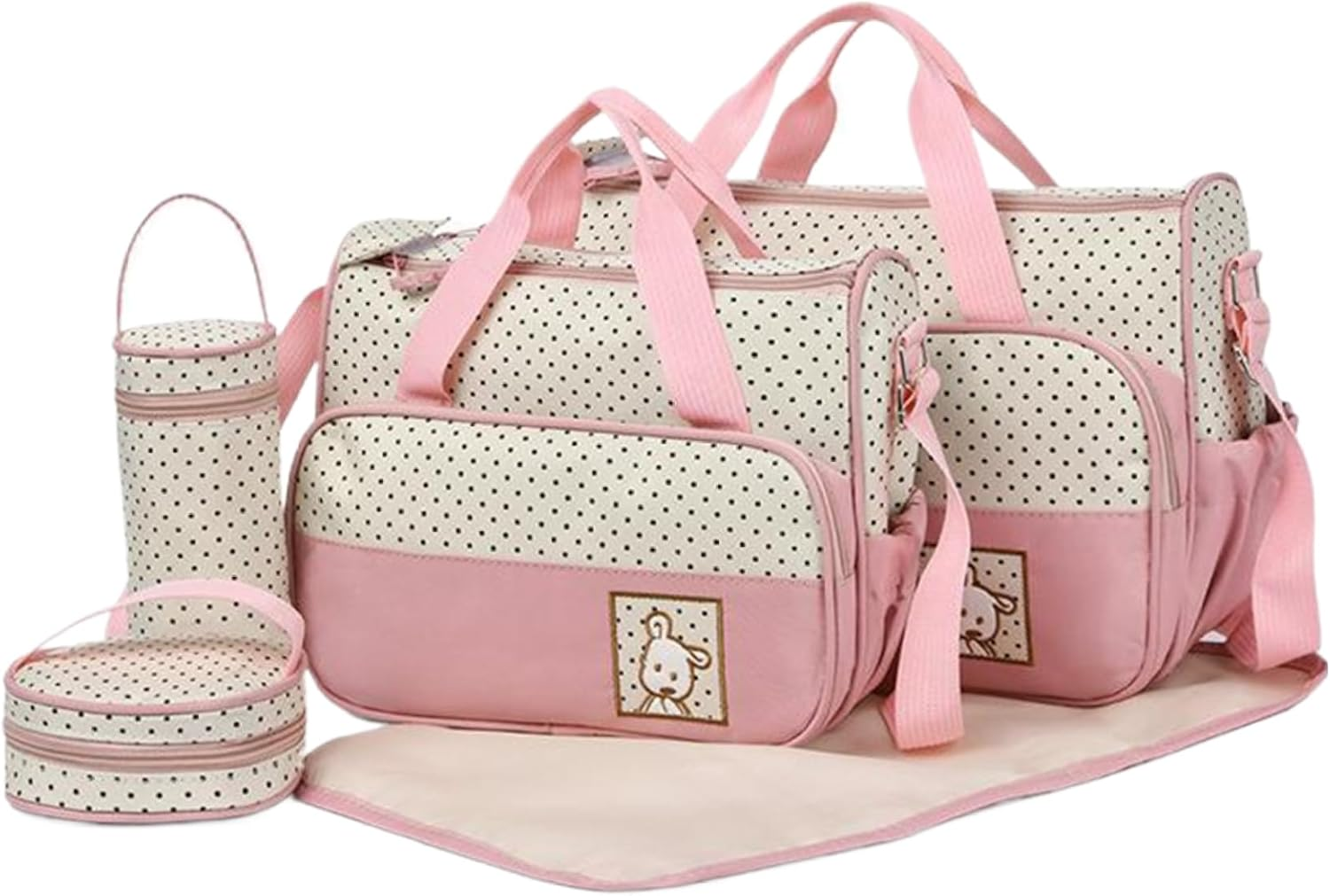 Diaper Bags for Baby, 5PCS Water & Dust Proof Diaper Bag Set with Two Handbags, Bottle Bag, Small Lunch & Mat, Portable Baby for Parents (Pink)