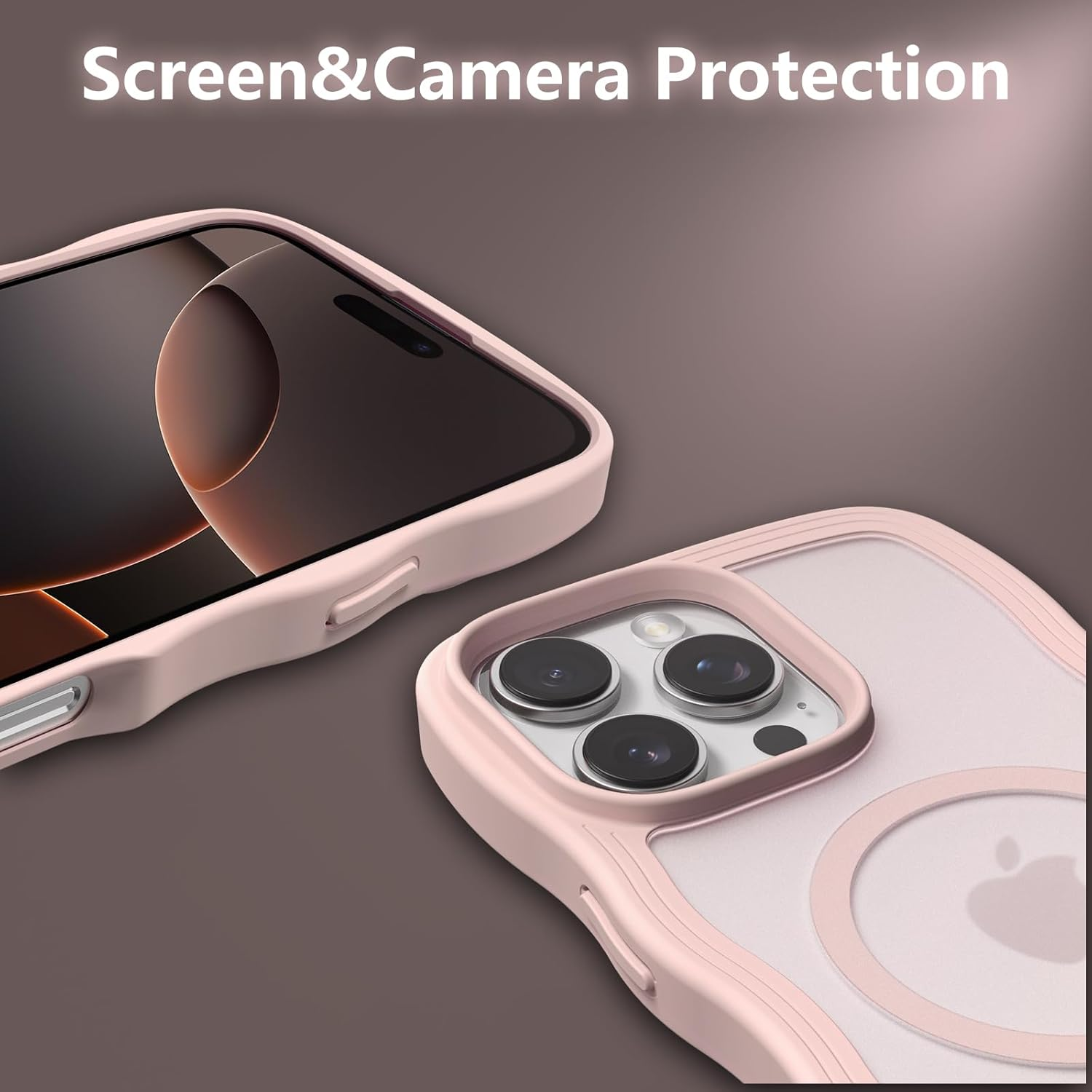 ZTOFERA for Iphone 16 Pro Magnetic Case, Wave Frame Curly Shape Translucent Slim Compatible with Magsafe Bumper Shockproof Protective Phone Cover, Pink image number 4