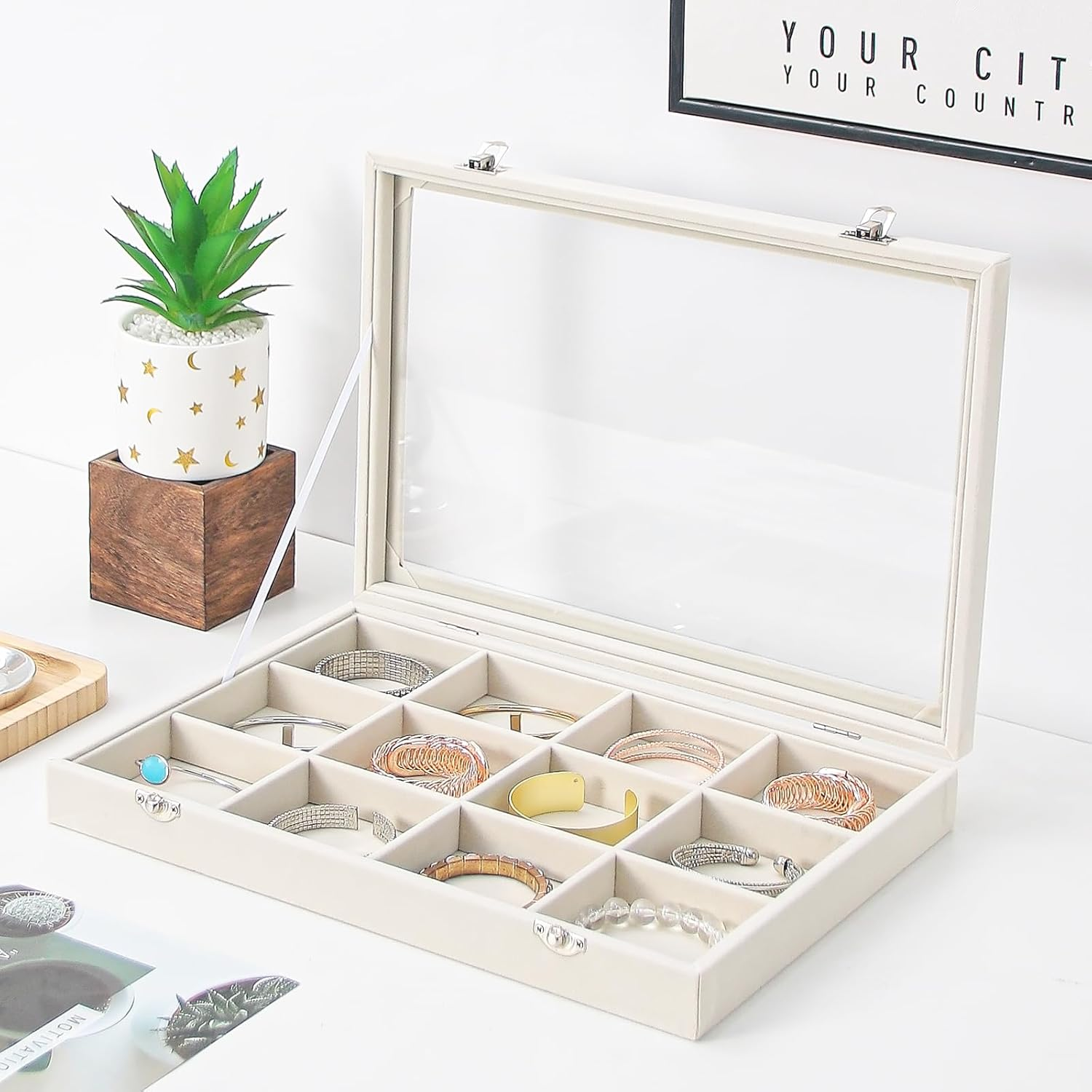 Coward Jewelry Organizer Box, Beige Velvet 12 Grids Bracelet Bangle Necklace Jewelry Display Tray Case with Transparent Glass Lid for Home Drawer Desk or Store Selling Show image number 5