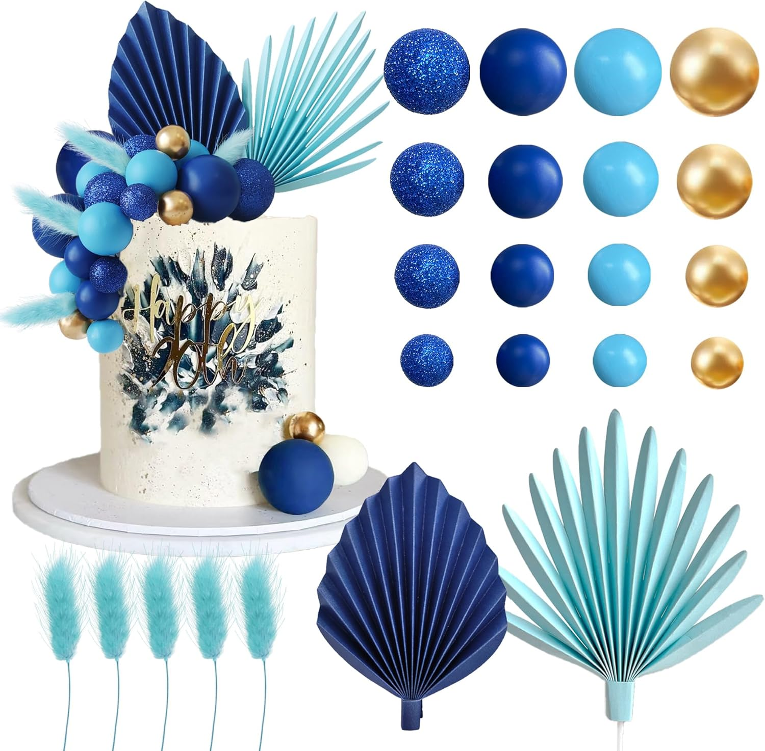 38 PCS Balls Cake Toppers Palm Leaves Cake Decorations for Birthday Wedding Baby Shower Party Supplies (Blue) - Purple image number 2