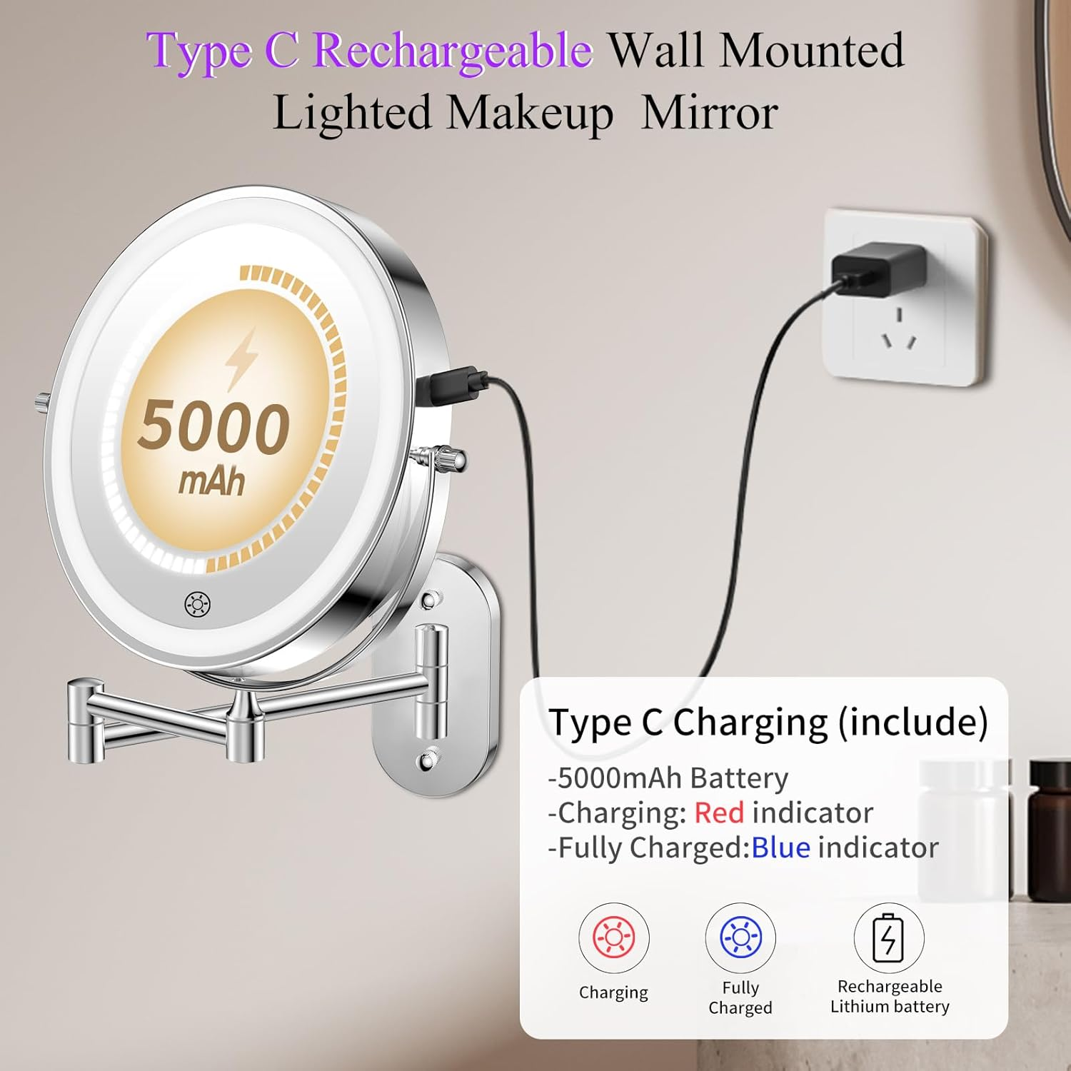 FUNTOUCH Rechargeable Cosmetic Mirror with Lighting, 1 X 20X Mirror Magnification Wall Mounting, Dimmable Shaving Mirror 3 Colours, Touch Screen, 360&deg; Rotatable, Makeup Mirror for Bathroom