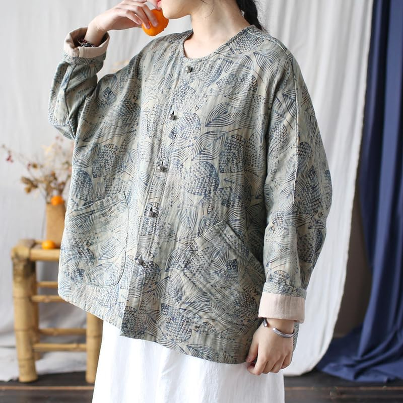 Women'S Vintage Batwing Sleeve Cotton Ethnic Loose Fit round Neck Long Sleeve Spring Tops image number 5