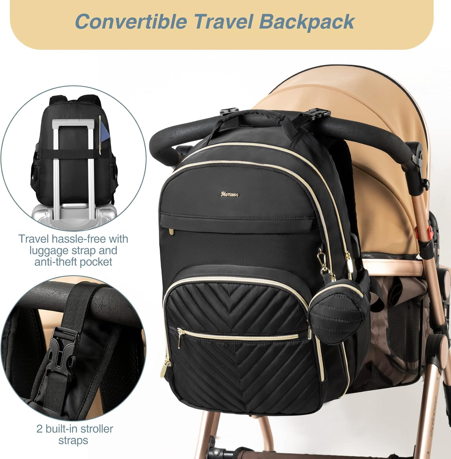 MOMUVO Diaper Bag Backpack, Quilted Baby Bag with Changing Pad & Stroller Straps & Pacifier Case, Large Travel Diaper Bags image number 3