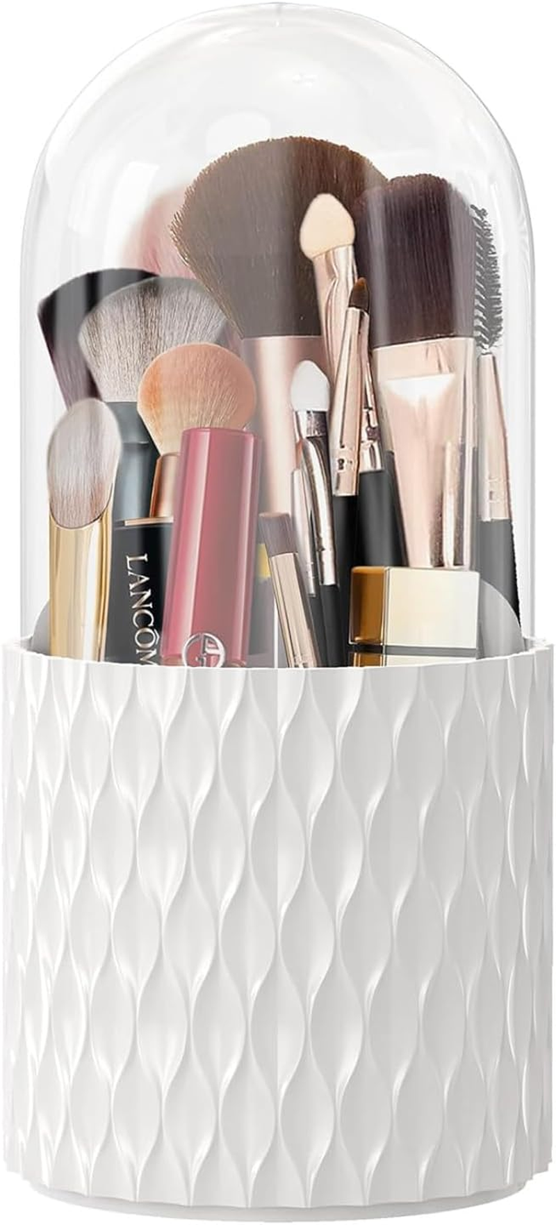 Rotating Makeup Brush Organizer - 360&deg; Spinning Storage Cup with 5 Compartments for Cosmetics, Lipsticks & Art Supplies, Desktop Vanity Holder (White with Cover) image number 6