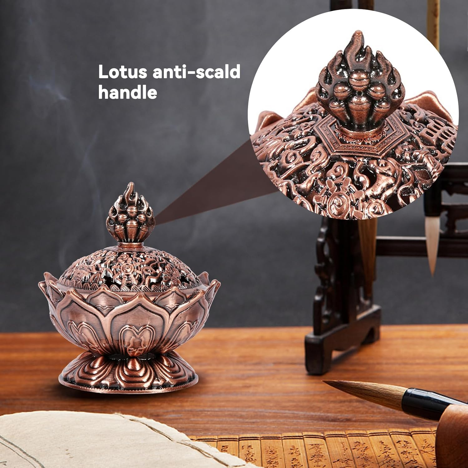 Vintage Backflow Incense Burner Bowl, Lotus Incense Holder Charcoal Censer Ash Catcher for Powder Cone or Coil Incense(Red Bronze) image number 3