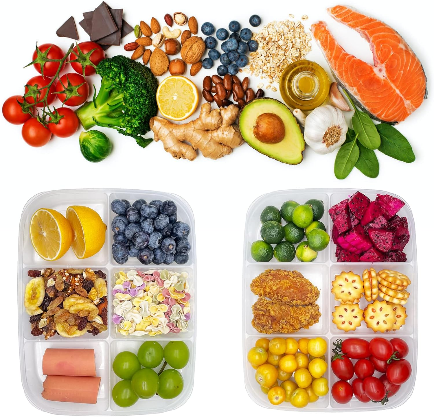 Tetebak Bento Box - 6-Compartment Reusable Bento Lunch Box for School, Work, and Travel, Food Prep Containers, Snack Containers for Kids, Portion Control Bento Lunch Box for Adult, Set of 2, Clear