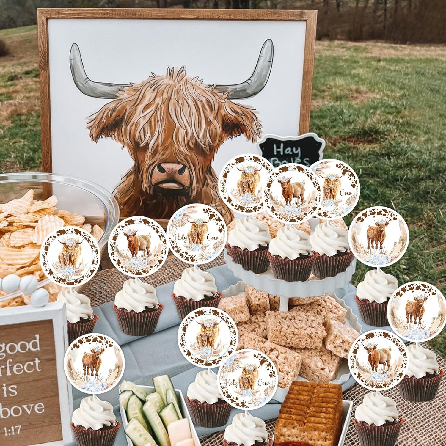 36Pcs Highland Cow Cupcake Toppers Blue for Boys Highland Cow Baby Shower Decorations, Highland Cow Birthday Party Supplies image number 2