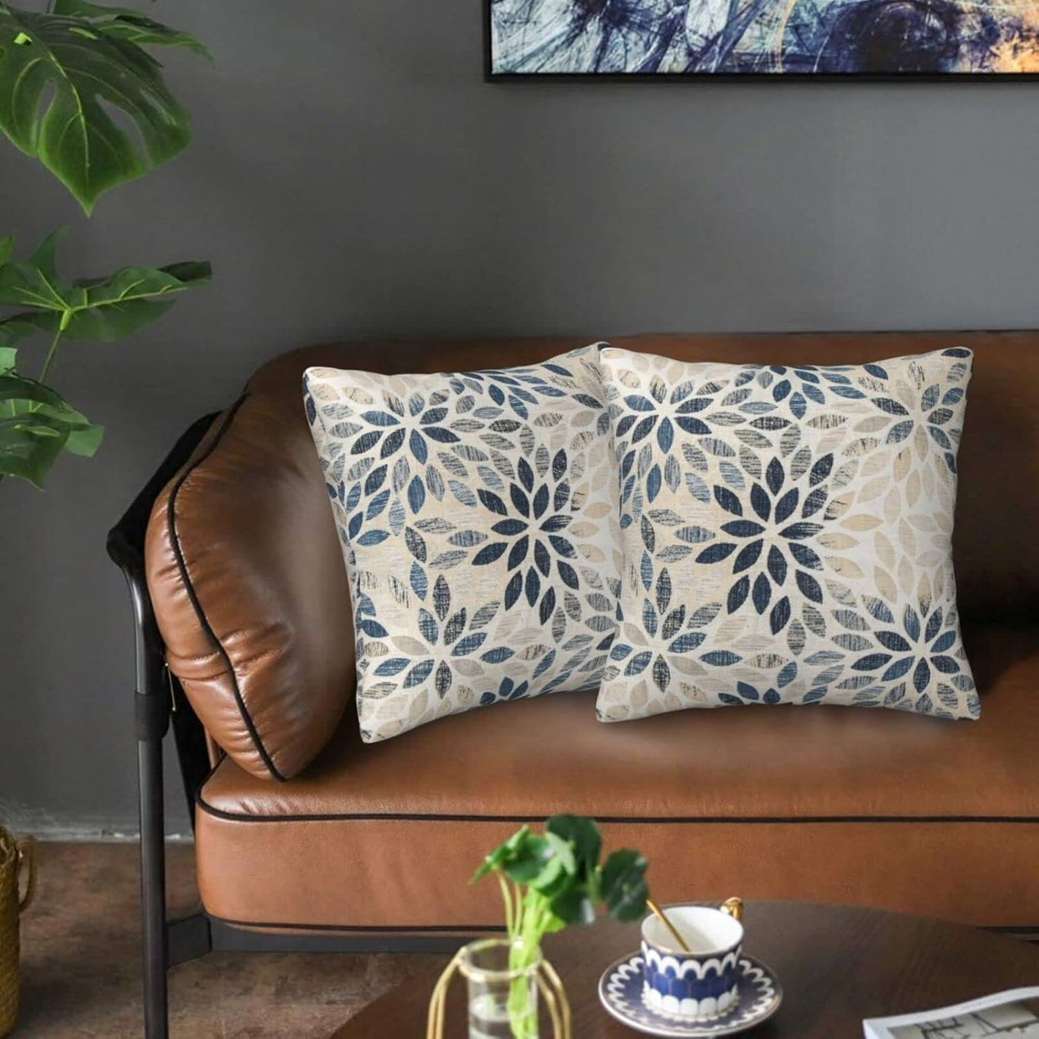 Dahlia Pillow Covers 18X18 Inch Set of 2 Summer Rust Geometric Flower Outdoor Decorative Throw Pillows Farmhouse Navy Blue Pillow Case Linen Square Cushion Cover for Home Sofa Bedroom Living Room image number 2