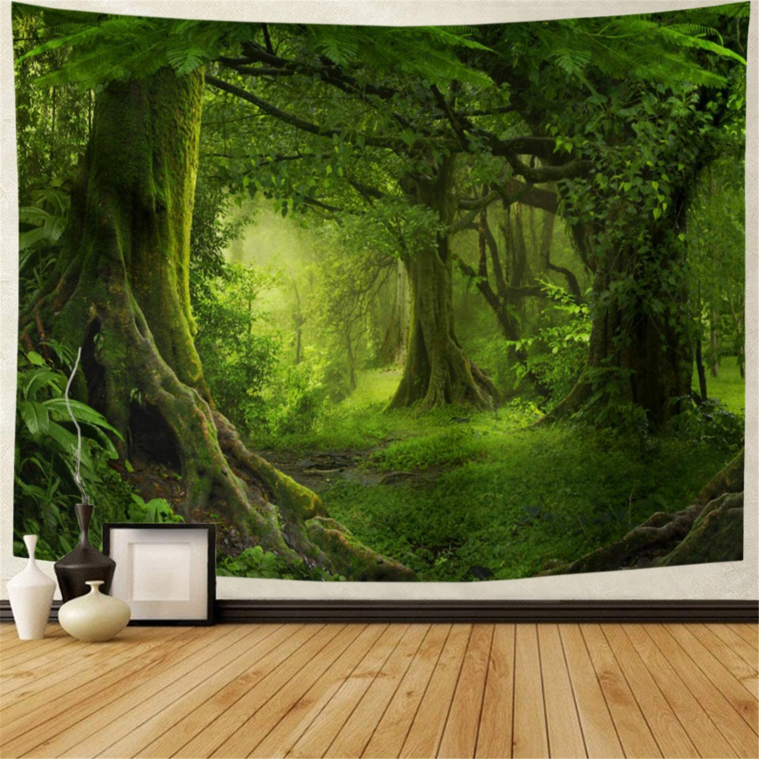 Lahasbja Virgin Forest Tapestry Green Tree in Misty Forest Tapestry Wall Hanging Nature Scenery Wall Tapestry Decor for Living Room Bedroom (XL/70.8"&times;92.5", Green Trees) image number 3