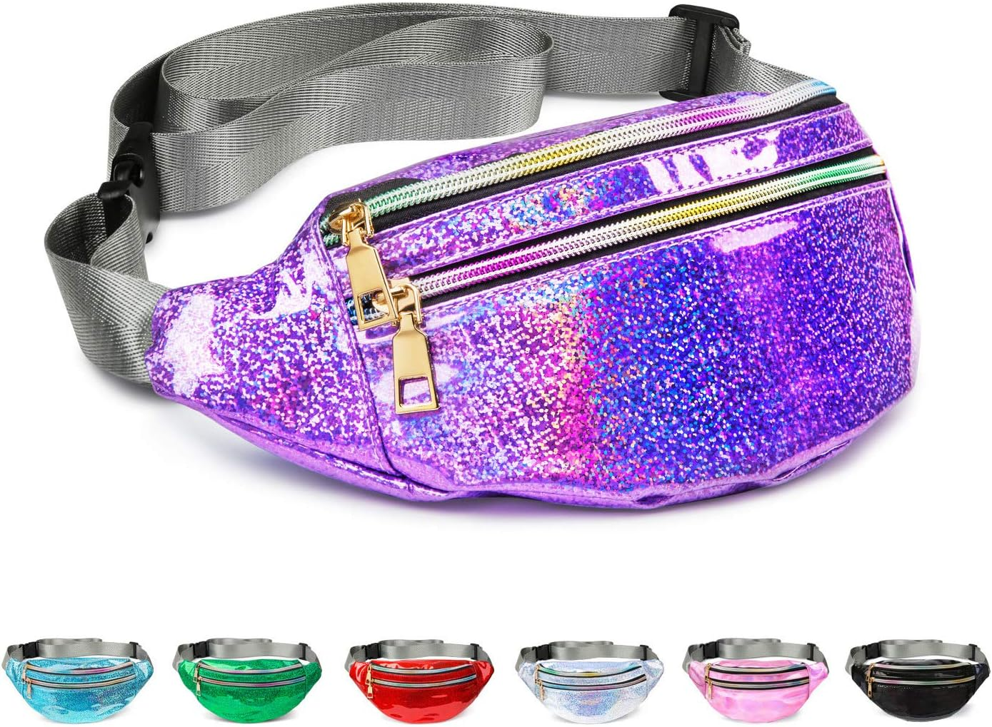 Fanny Pack Belt, Holographic Fanny Packs for Women, Men & Kids - Fashion Waterproof Waist Pack with 3 Pouches & Adjustable Strap - Shiny Causal Bags - Cute Bum Bag - Hip Sacks for Travel