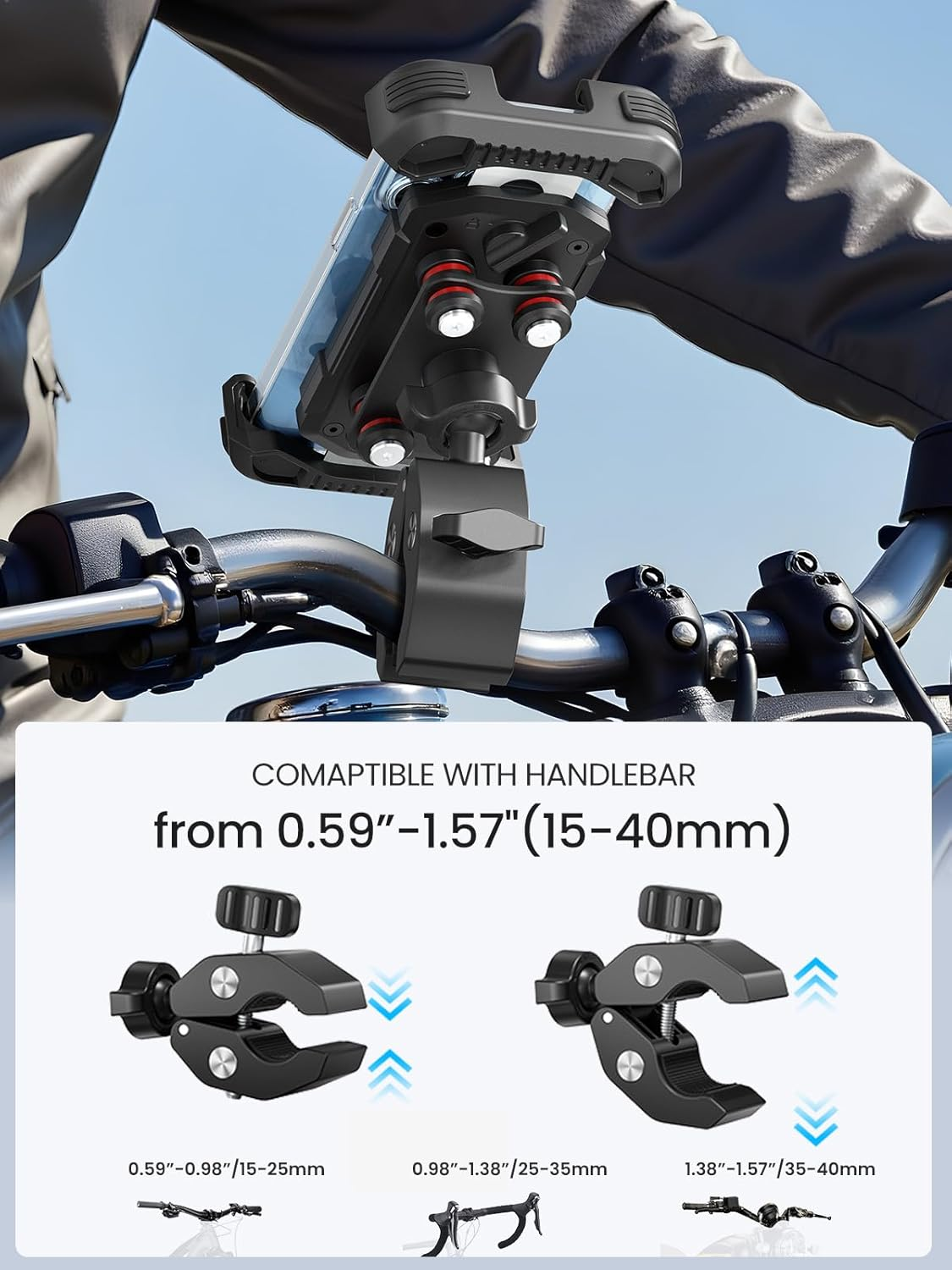 Tounee Bike Motorcycle Phone Holder Mount -Dual Vibration Dampener, Tool-Free Handlebar Clip & Secure Lock for Iphone 16/15 Pro Max, 4.7-6.9" Phones - Black