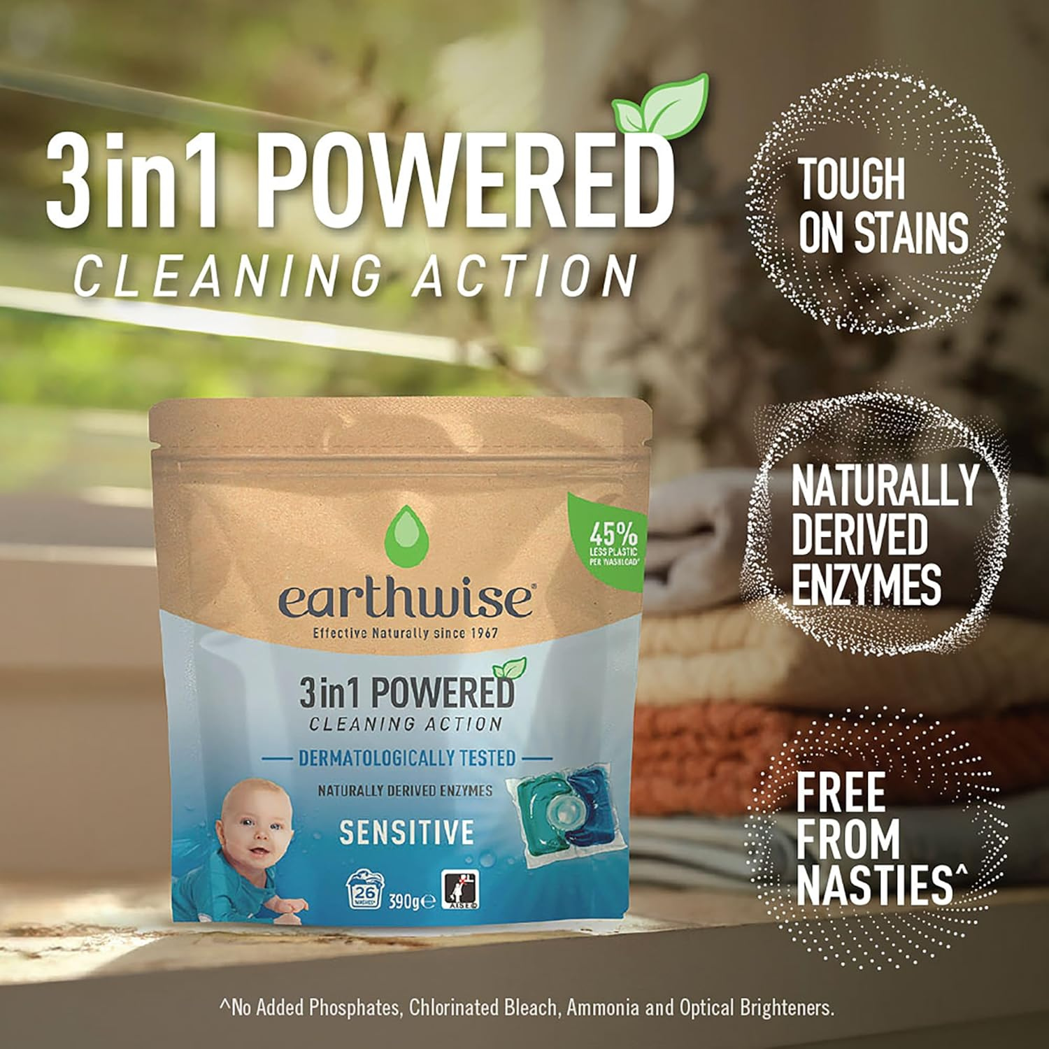 Earthwise Sensitive Laundry Washing Detergent Capsules, 26 Pack, 26 Washloads, Suitable for Front & Top Loader, Dermatologically Tested, 3In1 Powered Cleaning Action with Naturally Derived Enzymes image number 4