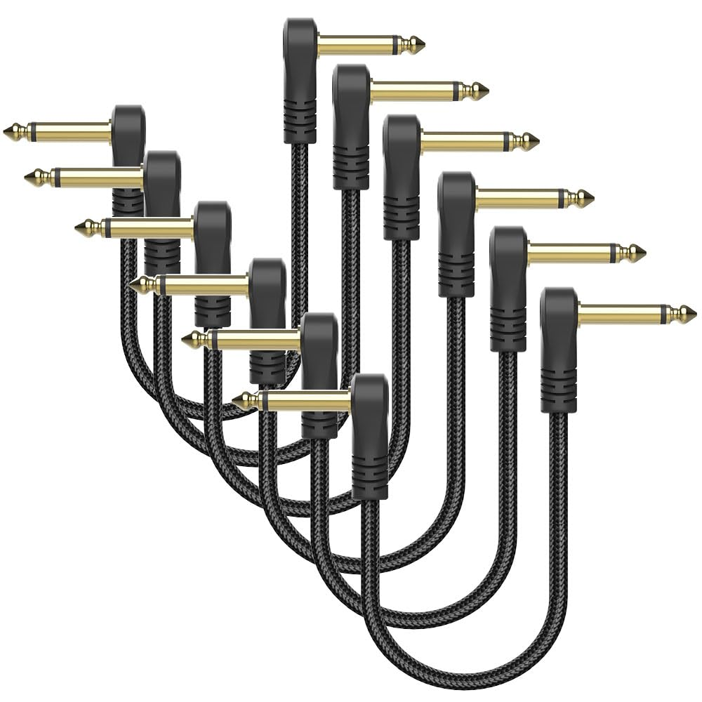Guitar Patch Cables 3-Pack/6-Pack, 6 Inch/15Cm Right-Angle 1/4" TS Pedal Effect Cable, Shielded Instrument Cord for Amp, Mixer, Electric Guitar, Bass, and More (6-Pack)