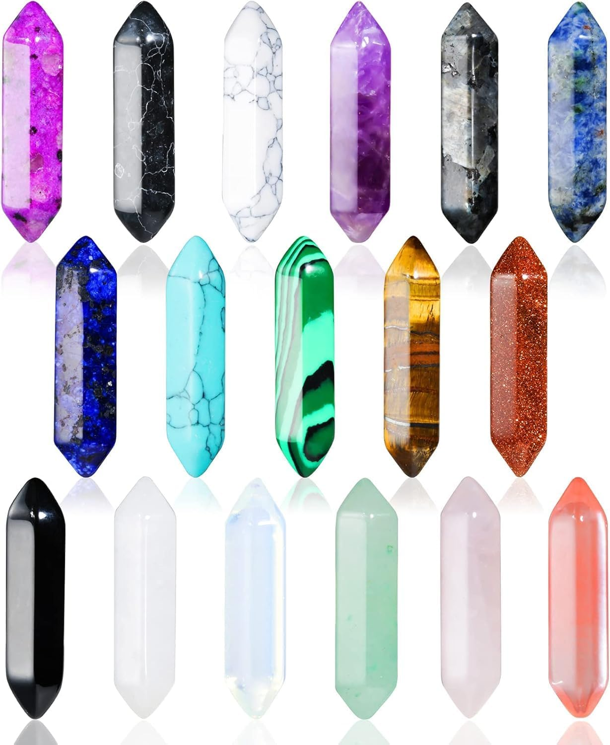 17Pcs Healing Crystals Stones Sets, Hexagonal Bullet Shaped Reiki Meditation Gemstone Chakra Stones Tiger Eye Obsidian Quartz Crystals Gemstone Wand Set Pendants with Storage Box image number 2