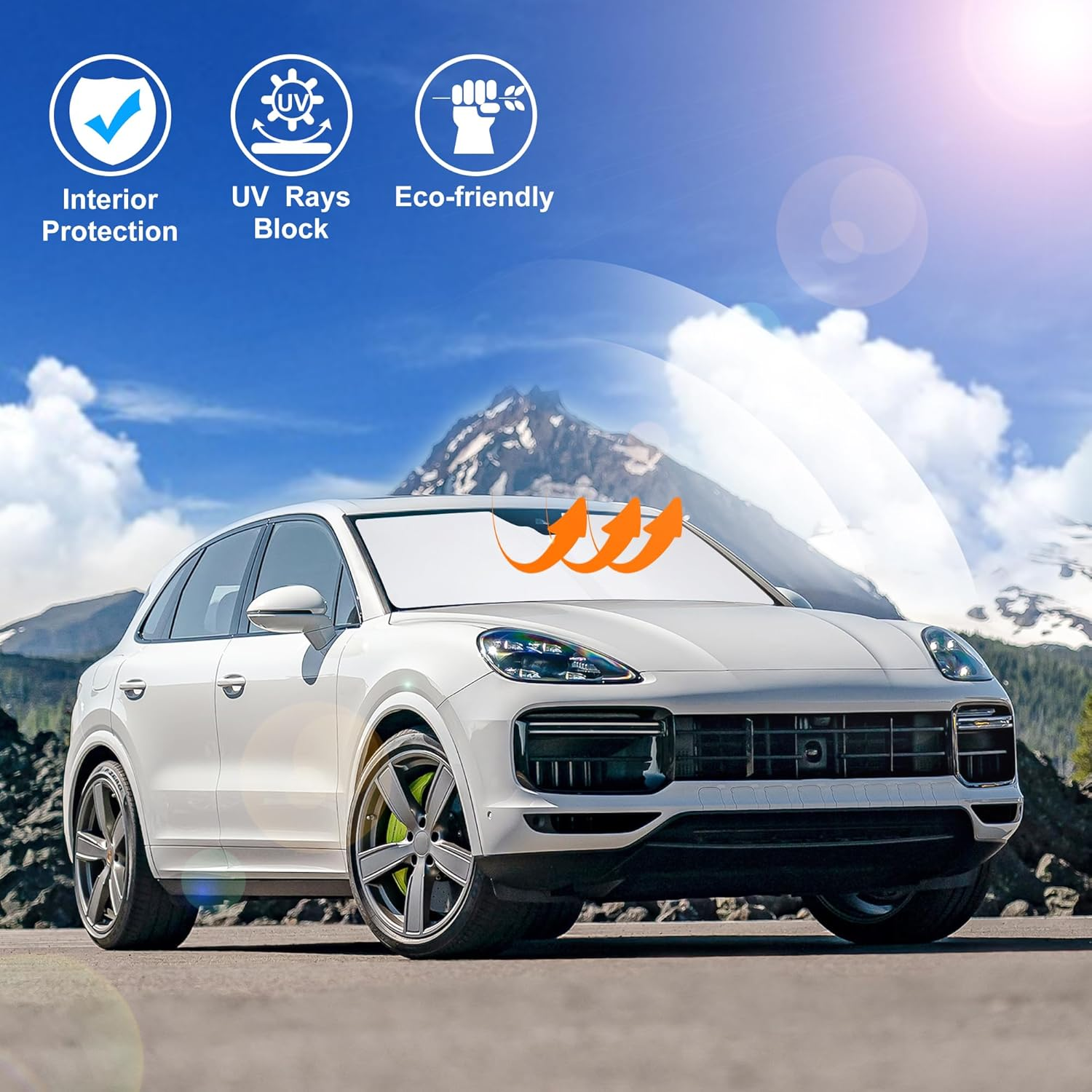 Windshield Sun Shade Custom Fit for 2019-2024 2025 Porsche Cayenne Accessories Foldable Sunshade Sun Blocker Protect Car from Sun Rays & Heat Damage Keep Car Cooler image number 5
