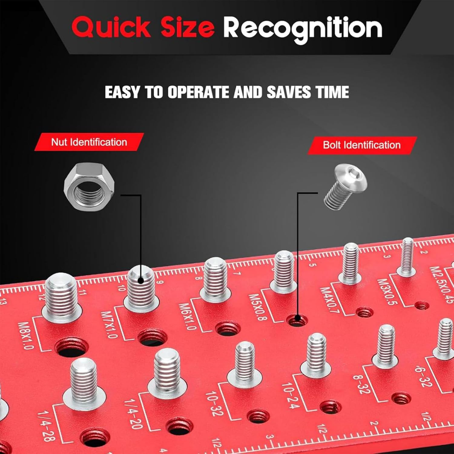 Thread Checker Bolt and Nut Aluminum Metric Imperial Sizes with Side Ruler Drill, Length Measurement for Mechanical Engineering, Construction