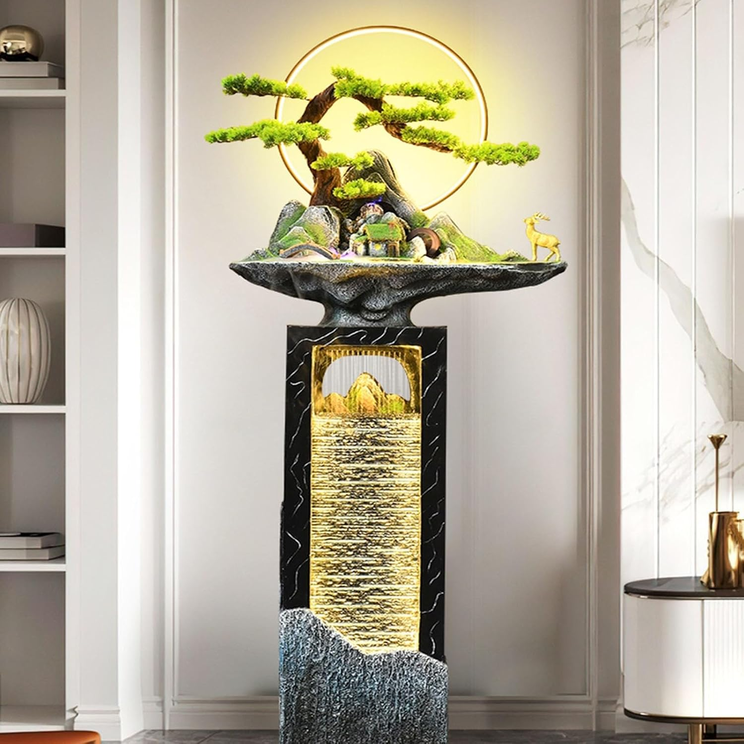 Outdoor Fountain Outdoor Water Fountains, Garden Fountain with LED Light and Simulated Pine Tree, for Courtyard, Park, Indoor and Home Decor(Medium) image number 4