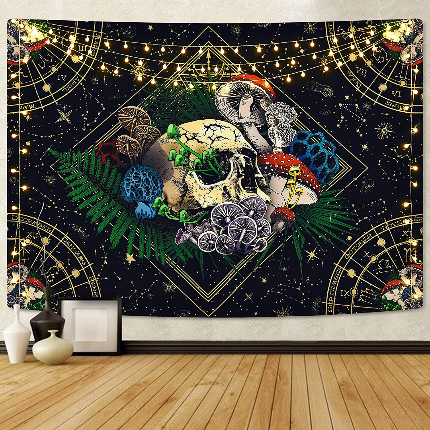 Livole Skull Tapestry Colorful Plants Tapestry Constellation Tapestry Black Starry Tapestry Trippy Tarot Tapestry Wall Hanging for Room(59.1 X 59.1 Inches) image number 2