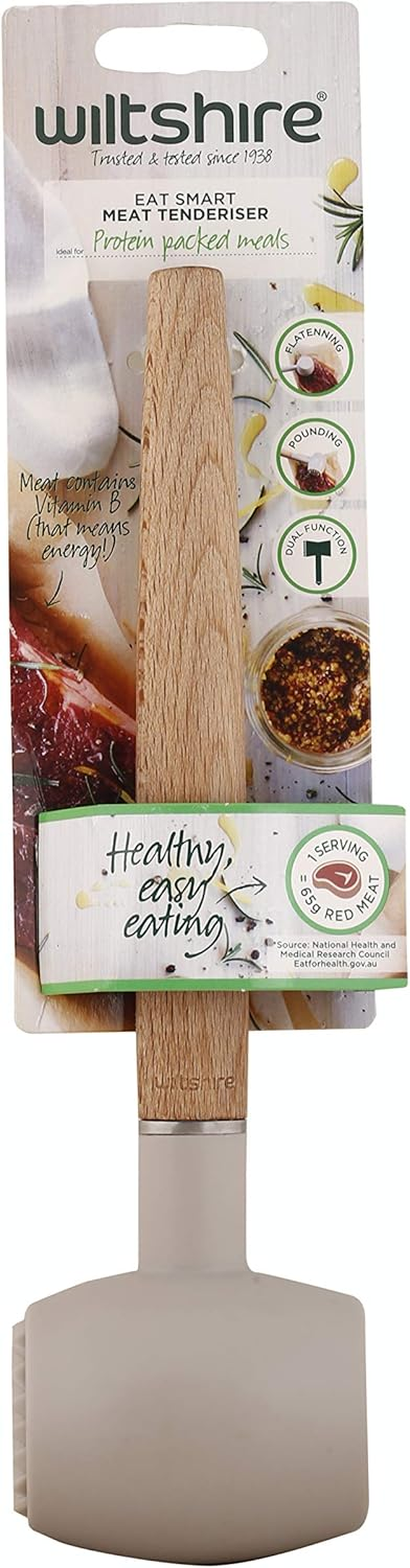 Wiltshire EAT Smart Meat Tenderiser, Double Sided Meat Mallet, Wooden Handle Kitchen Utensil, Durable Tenderising Hammer (Colour: Brown, Cream) image number 1