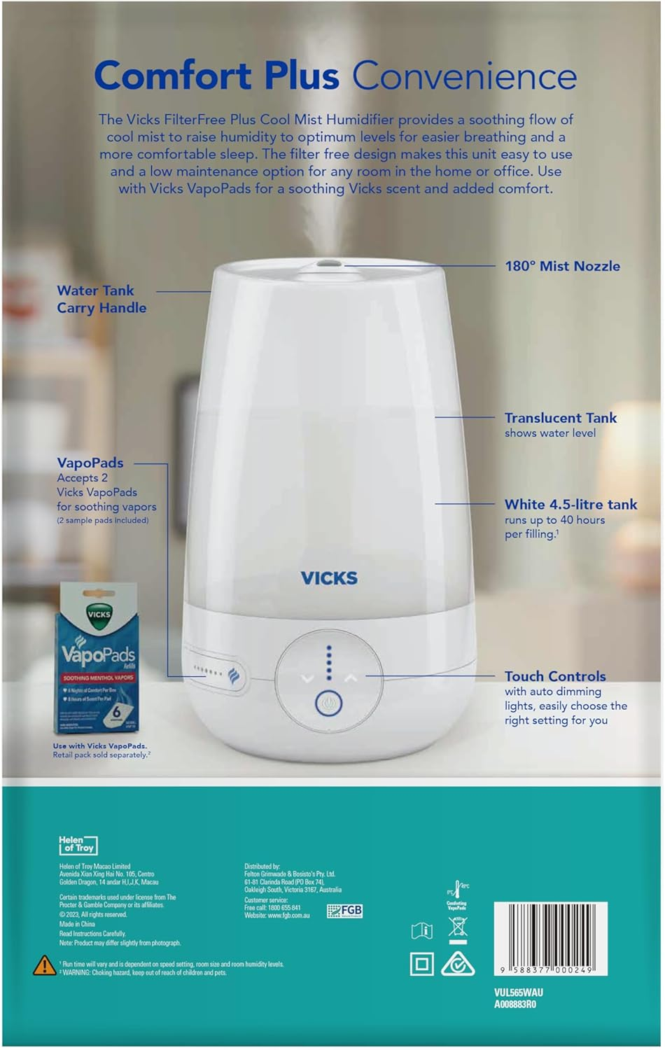Vicks Ultrasonic Cool Mist Humidifier 4.5L for Medium to Large Room, Office, Dining or Living Area, Rotating Mist Nozzle