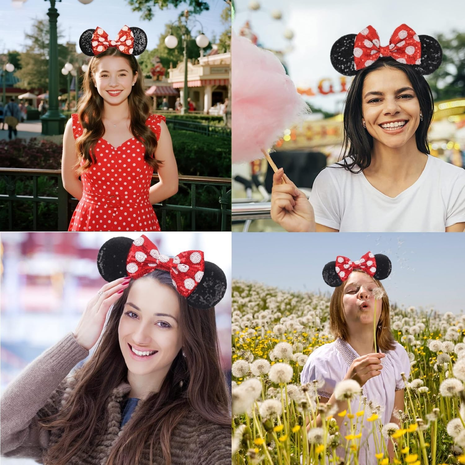 1 Pcs Shiny Mouse Ears Headband with Sequin Bows and 1 Pcs Sequin Mouse Ears Velvet Scrunchies with Bow Hairs Accessories Elastic Rubber Hair Band Cute Hair Ties Rope Ponytail Holder Sparkle Bow Girl Headwrap for Toddler Baby Boys Girls Women Adult Kids Birthday Party Celebrations Gift Amusement Park (Red) - Red image number 5