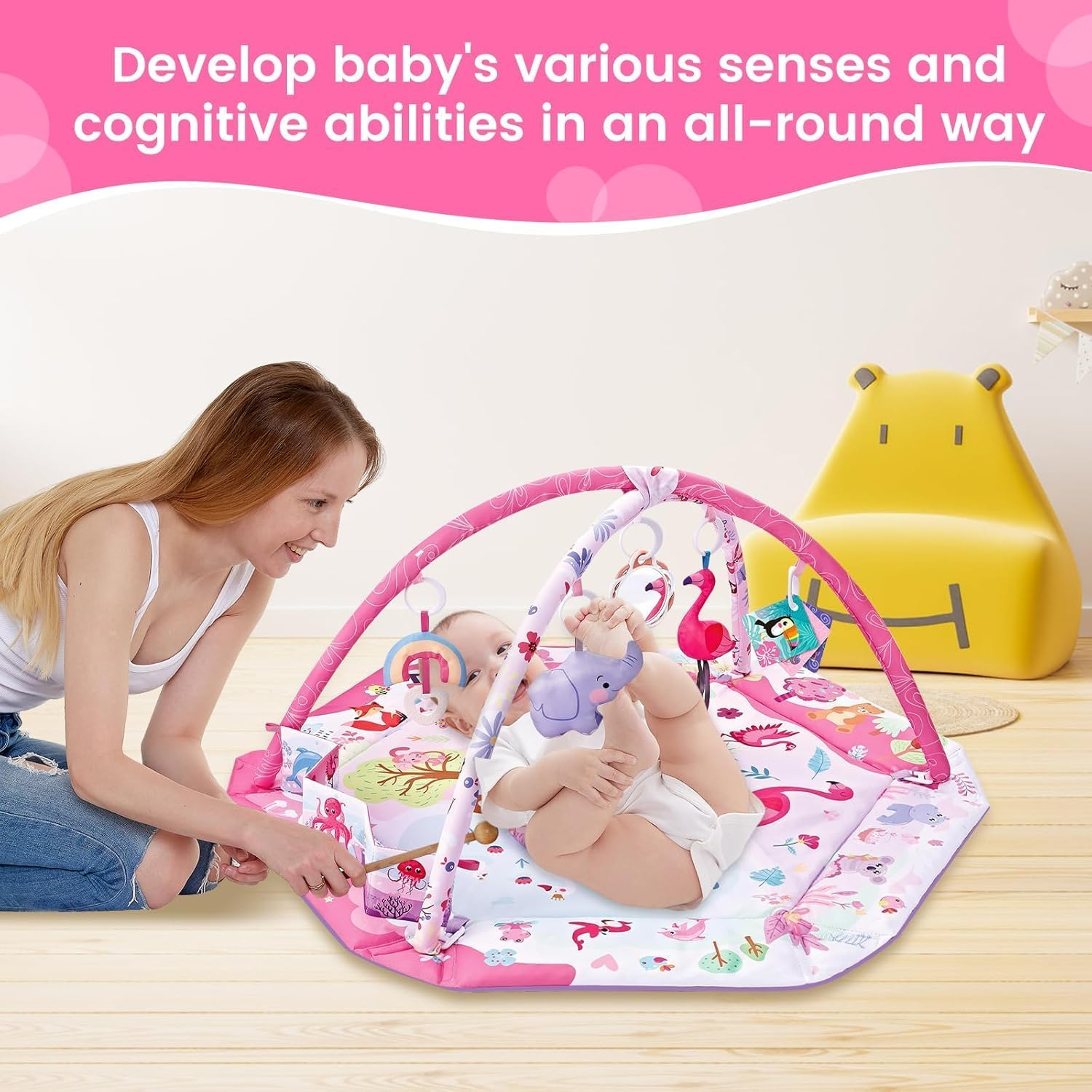 Baby Gym Play Mat, 8-In-1 Tummy Time Mat with Ball Pit & Detachable Toys for Newborns Infant 0-3-6-9-12 Months, Washable Play Activity Mat for Visual, Hearing, Sensory, Motor Development image number 3